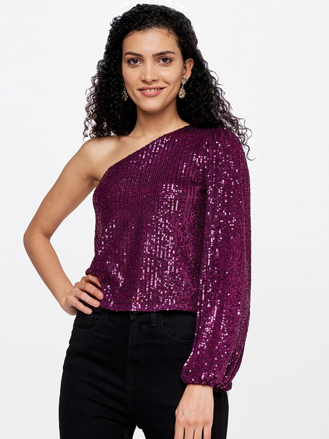 

AND Women Purple Embellished One Shoulder Top