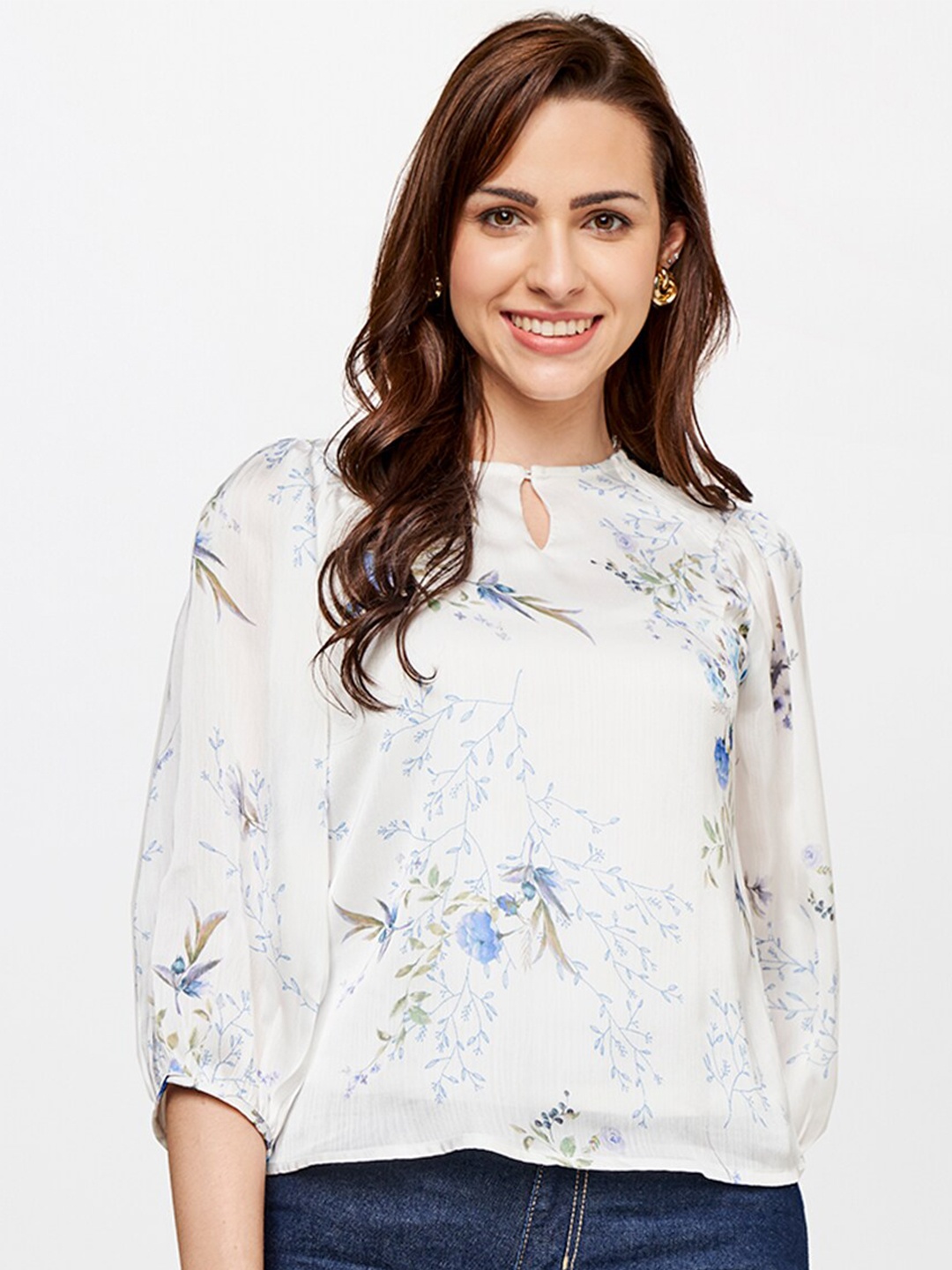 

AND White Floral Print Styled Back Top