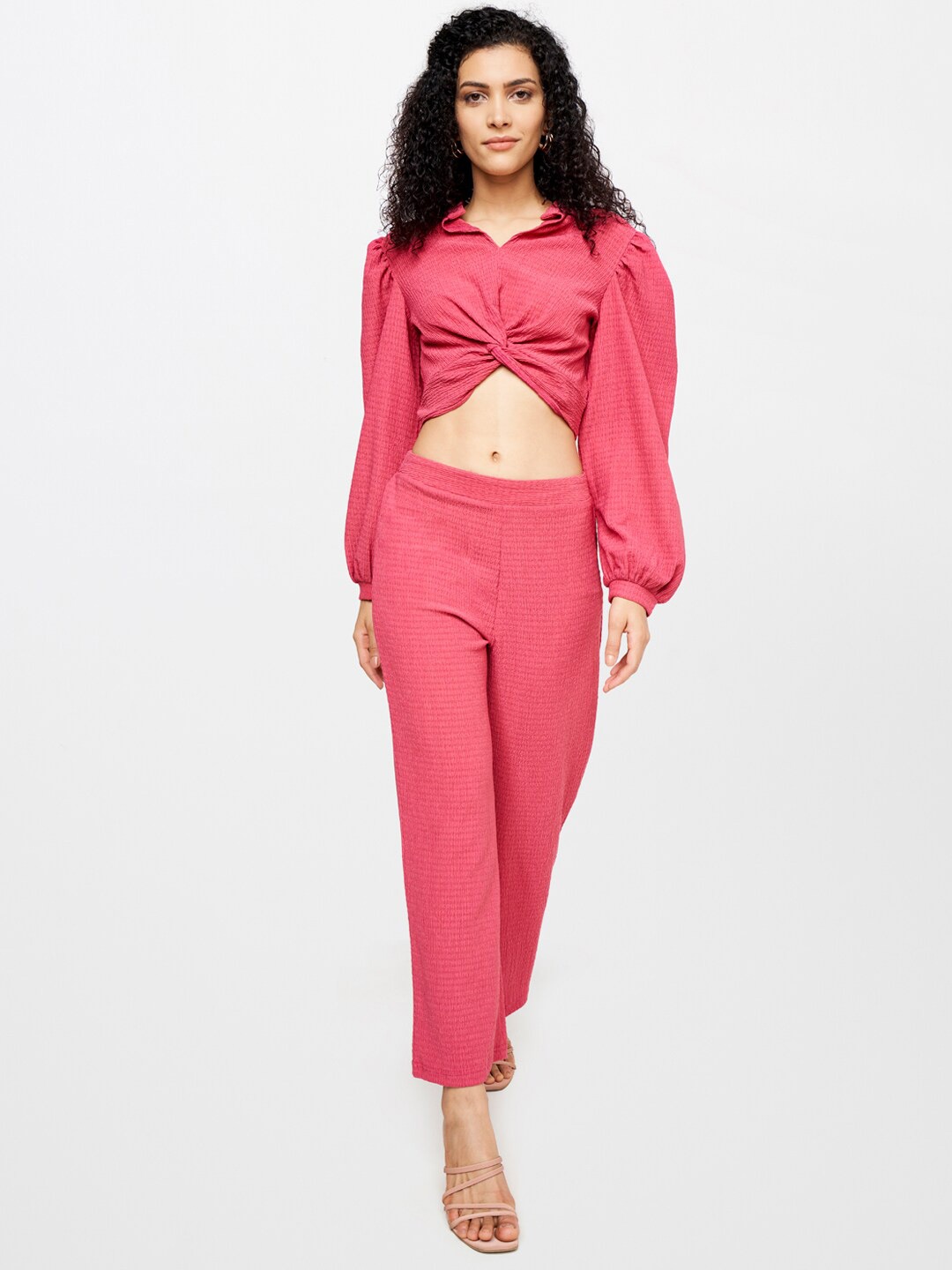 

AND Women Pink Solid Top with Trouser Co-Ords Set
