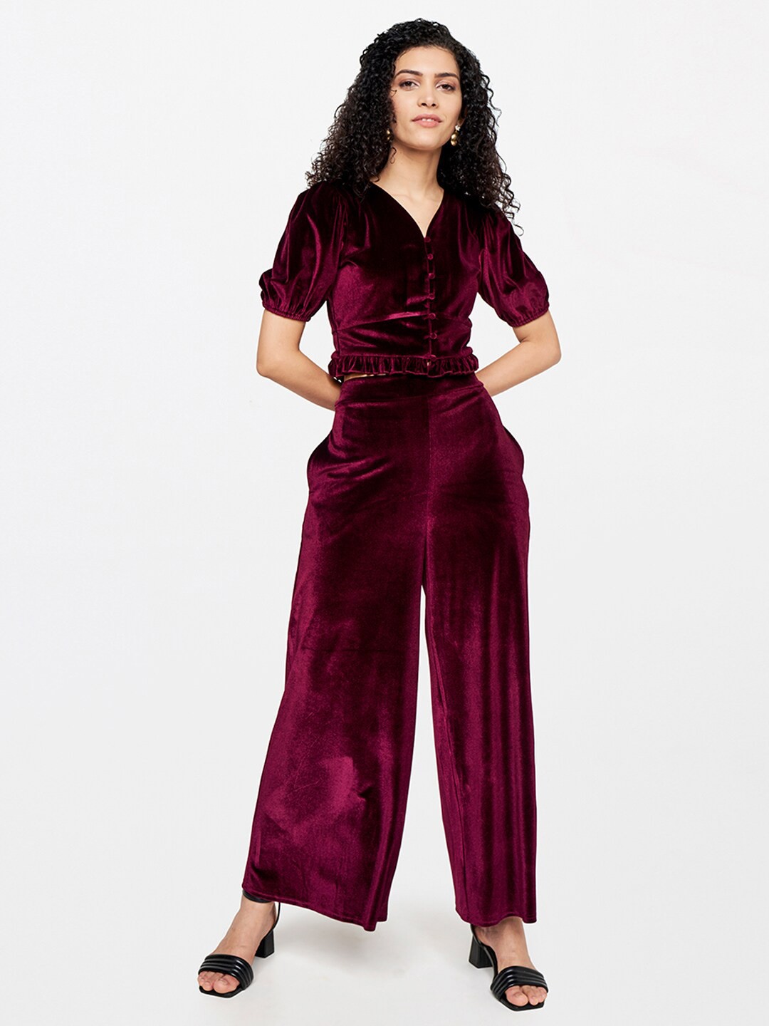 

AND Women Red Solid Top with Palazzo Co-Ords Set
