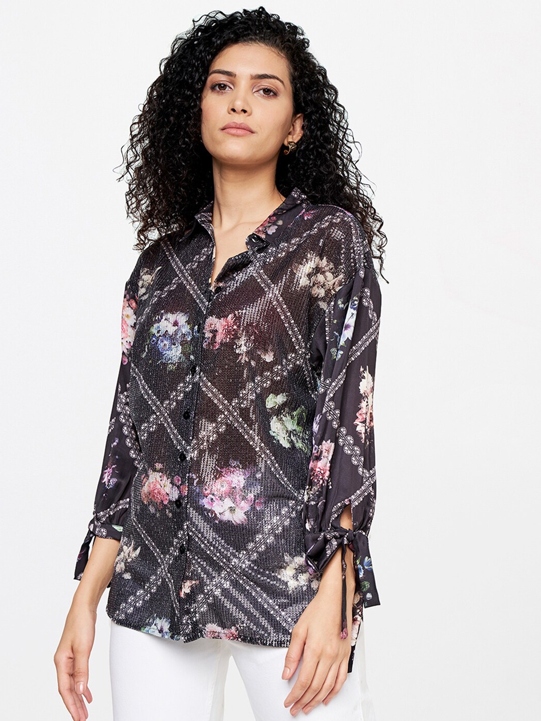 

AND Women Brown & Pink Floral Print Shirt Style Top