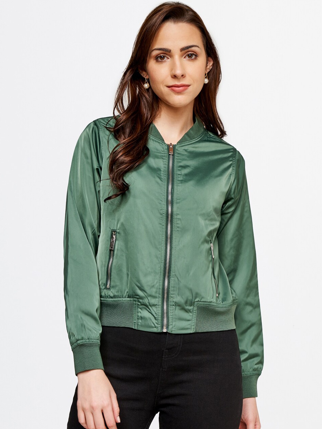 

AND Women Green Solid Bomber Jacket
