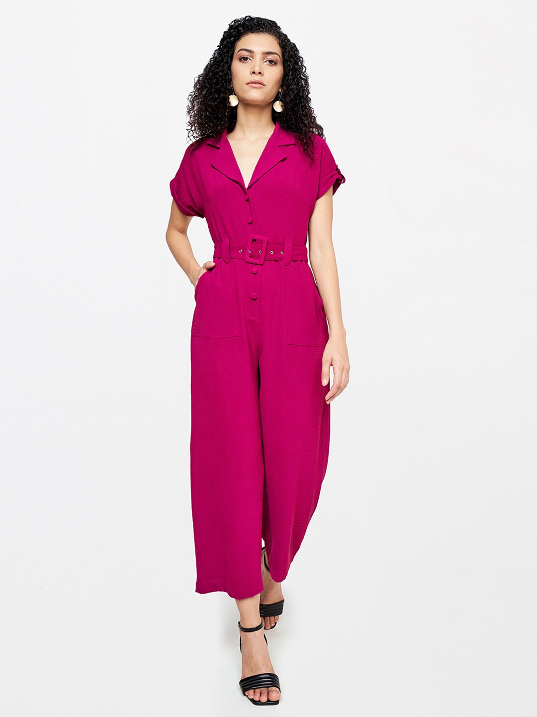 

AND Women Pink Solid Polyester Shirt Collar Basic Jumpsuit