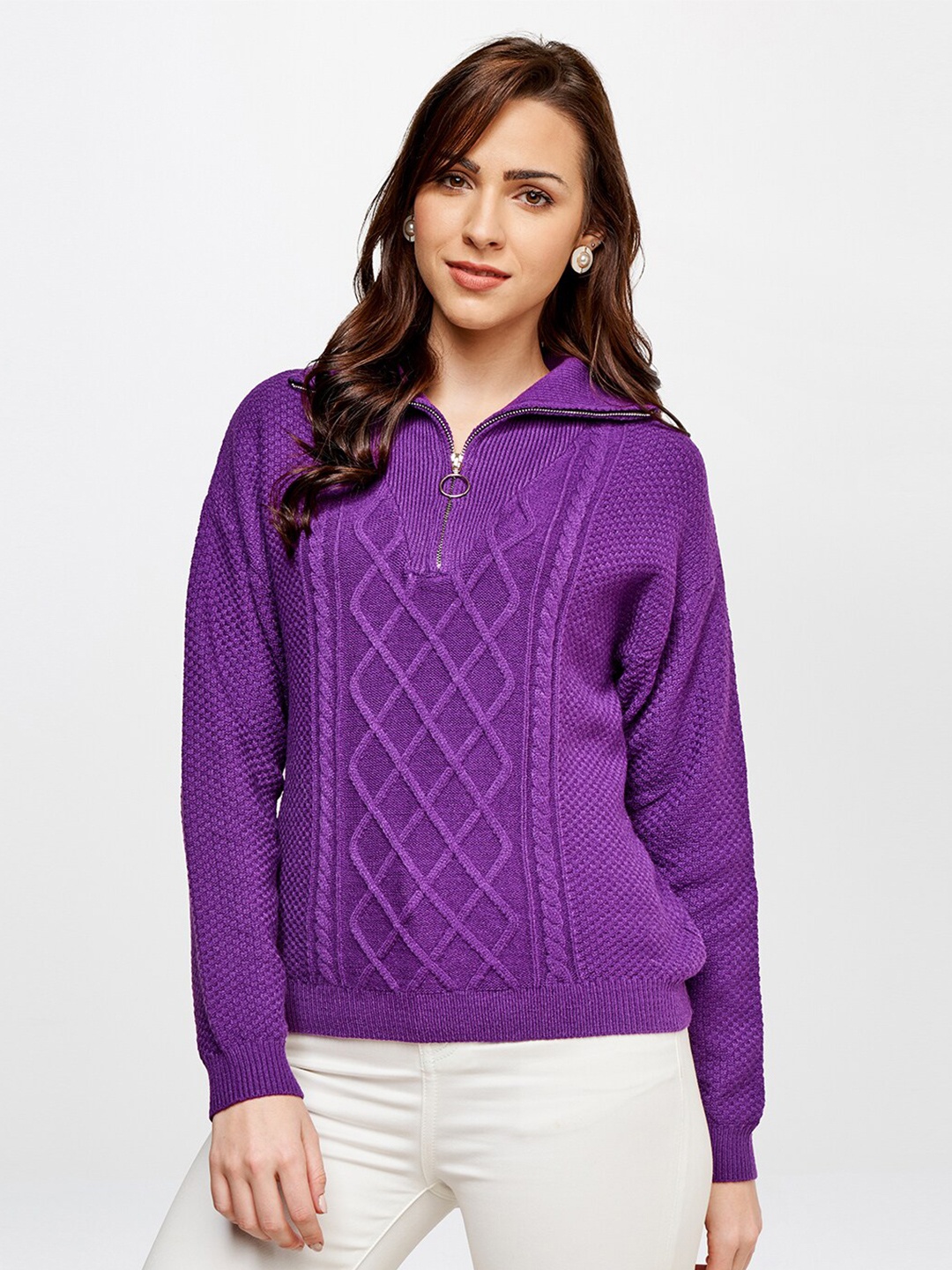 

AND Women Purple Sweater Vest with Zip Detail