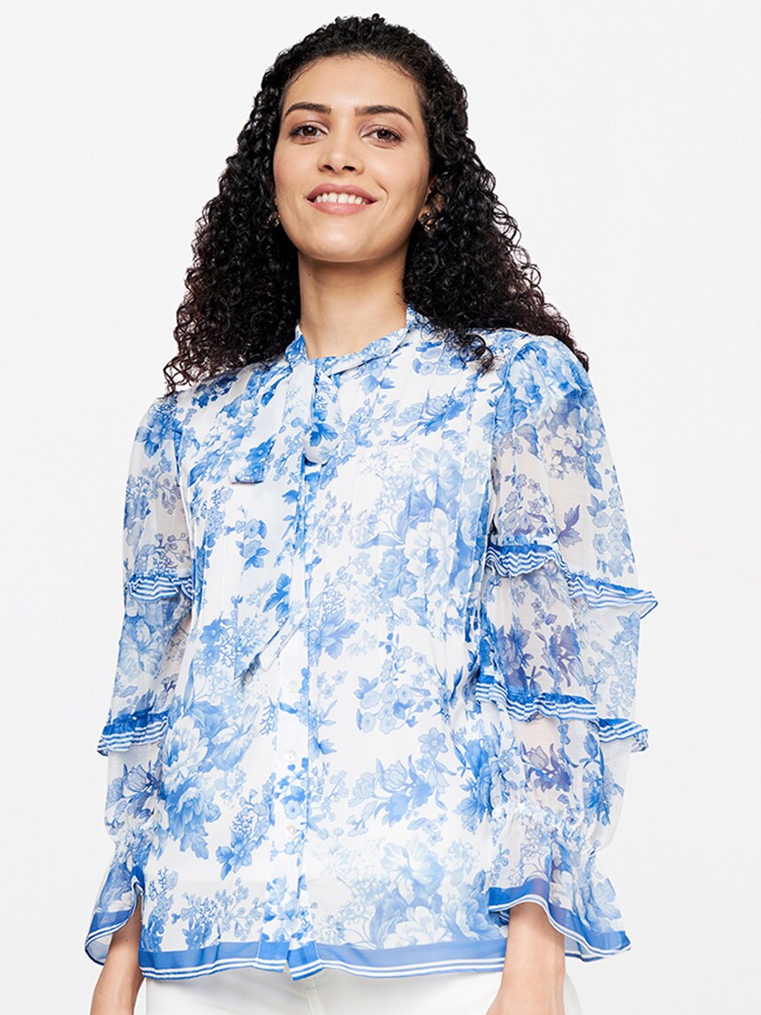 

AND Women Blue & White Floral Print Mandarin Collar Shirt Style Top