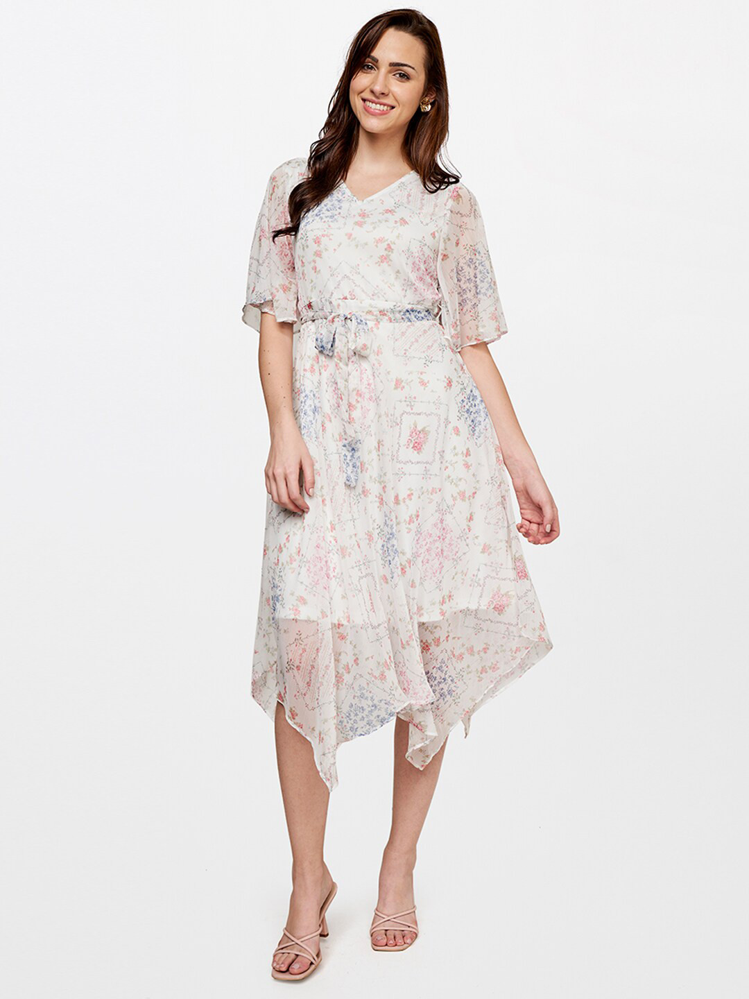 

AND Women White & Blue Floral Midi Dress