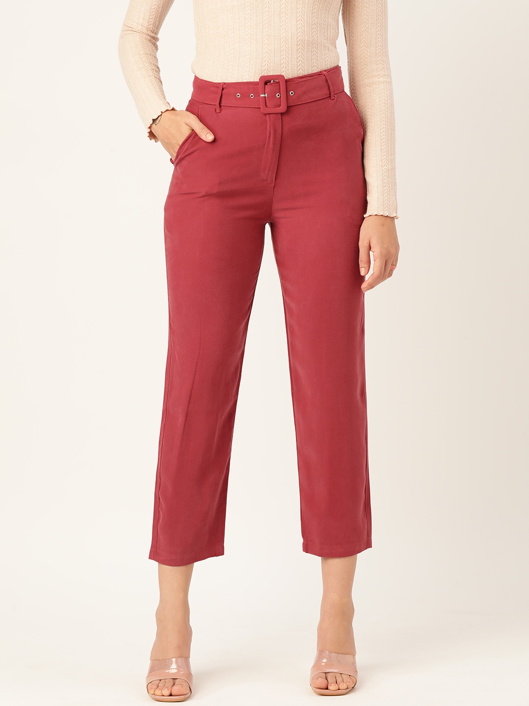 

AND Women Straight Fit Crop Trousers With Belt, Rust