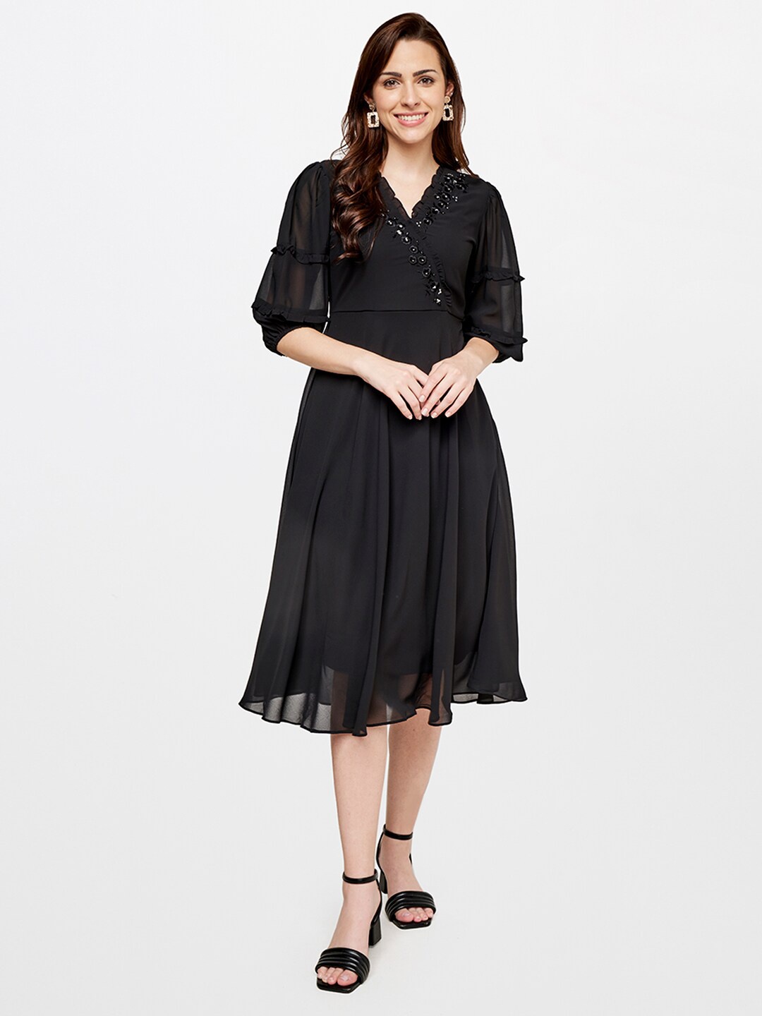 

AND Women Black Embroidered Midi Dress