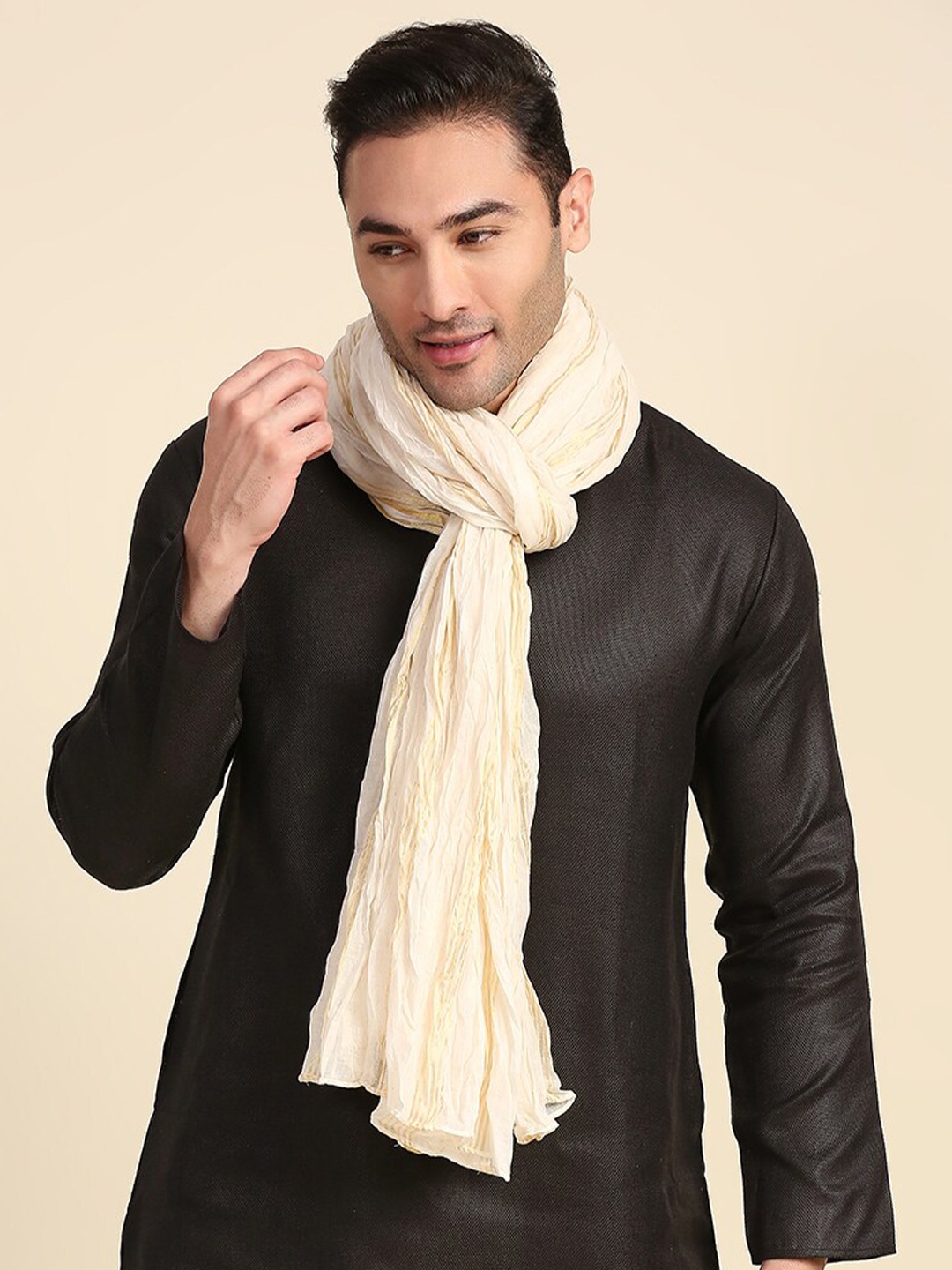 

Dupatta Bazaar Men Cream-Coloured & Gold-Toned Striped Pure Cotton Dupatta