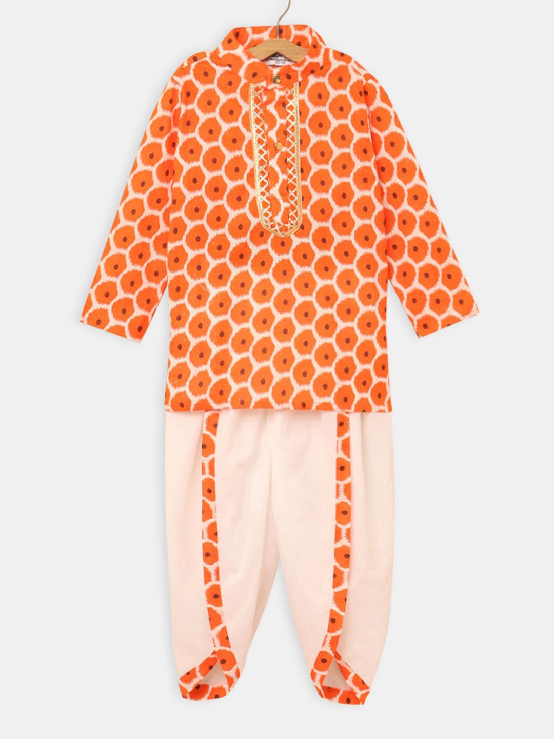 

Hopscotch Boys Orange Printed Pure Cotton Kurta with Dhoti Pant Set