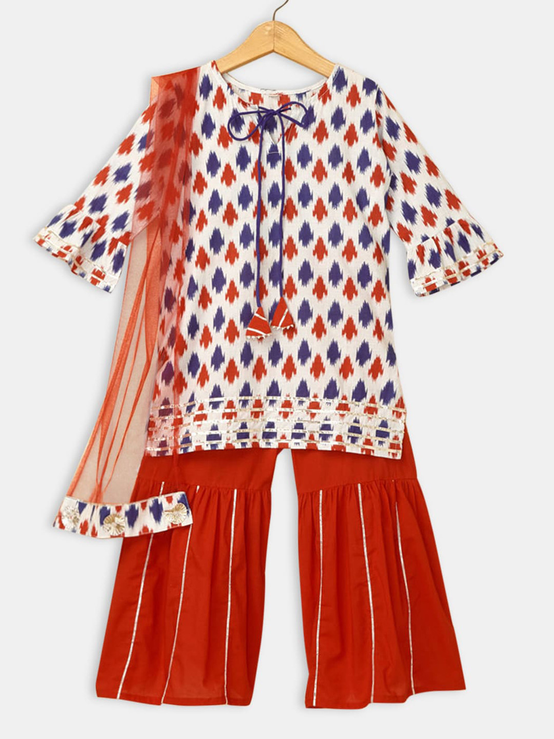 

Hopscotch Girls White Ethnic Motifs Printed Pure Cotton Kurta with Sharara & With Dupatta