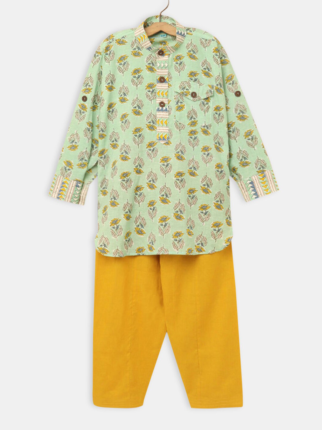 

Hopscotch Boys Green Ethnic Motifs Printed Pure Cotton Kurta with Pyjamas