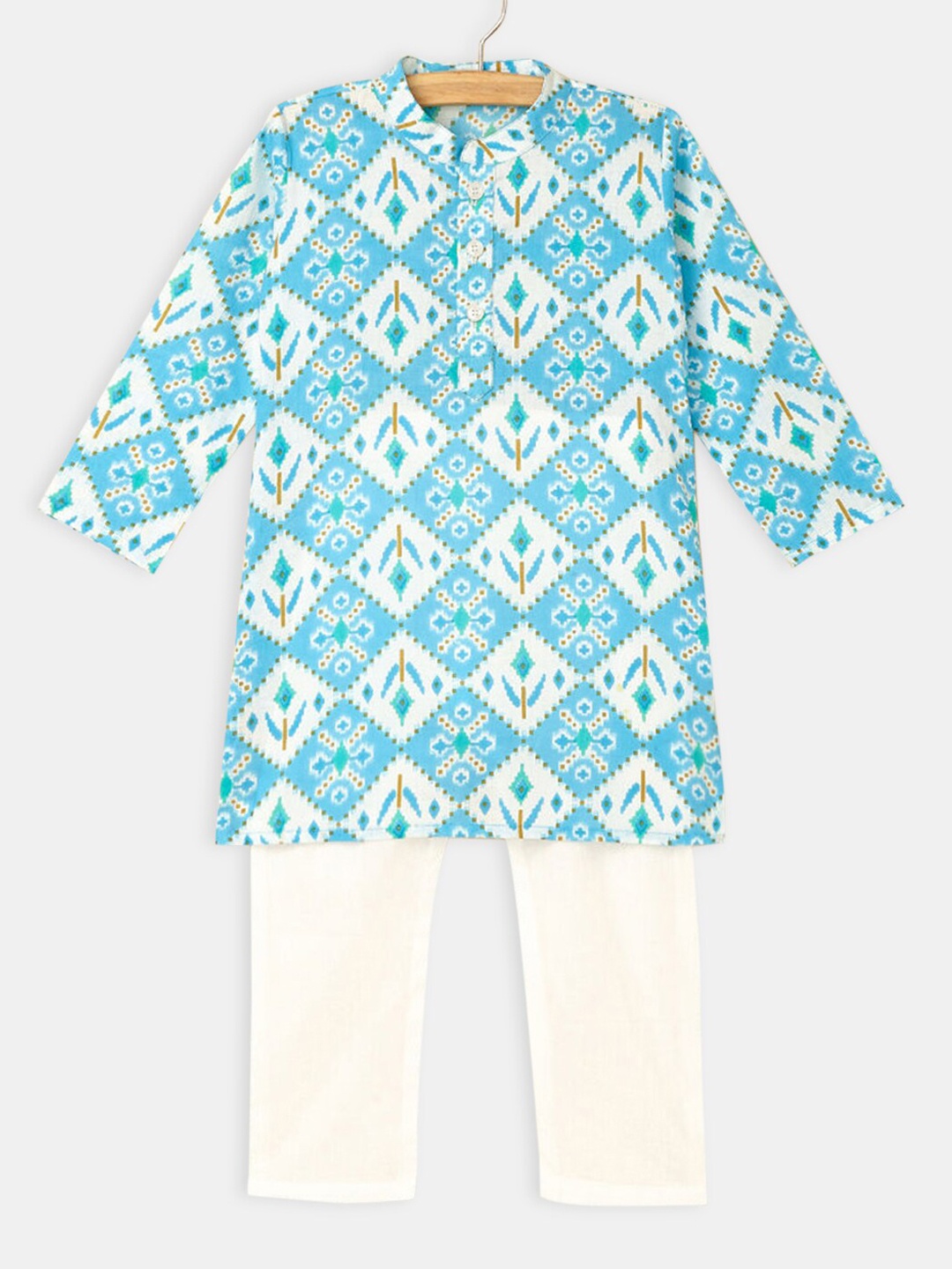 

Hopscotch Boys Blue Ethnic Motifs Printed Pure Cotton Kurta with Pyjamas
