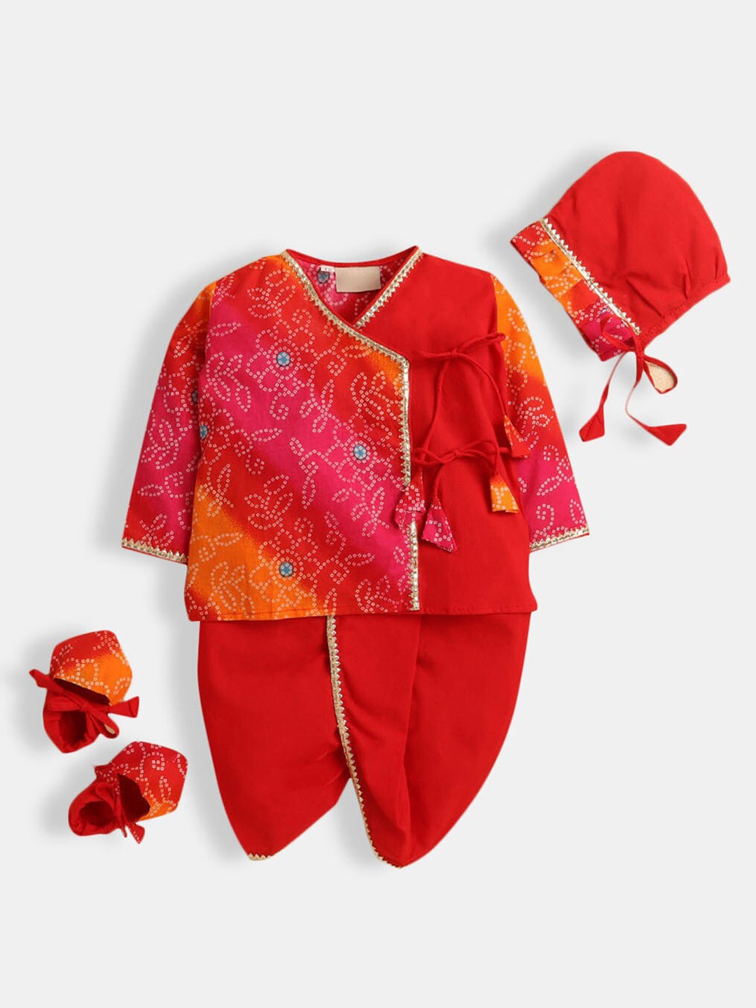 

Hopscotch Boys Red Ethnic Motifs Printed Pure Cotton Kurta with Dhoti Pants