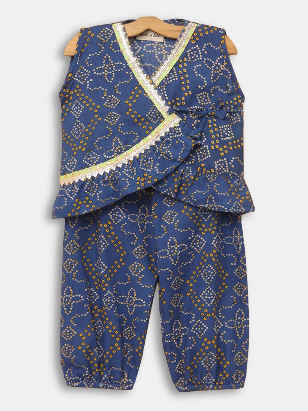 

Hopscotch Girls Blue Bandhani Printed Pure Cotton Top with Pyjamas