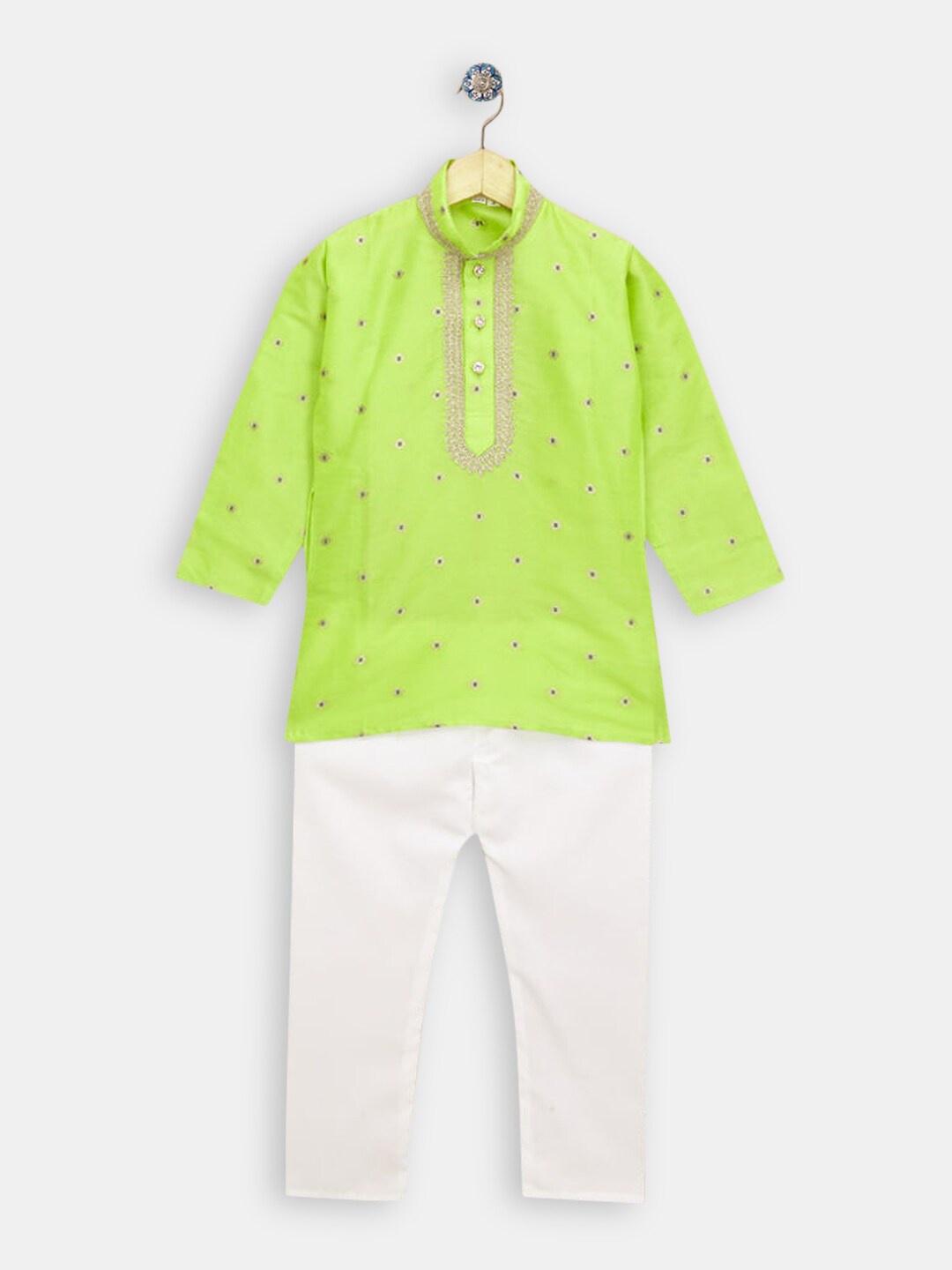 

Hopscotch Boys Green Embroidered Pure Cotton Kurta with Trouser
