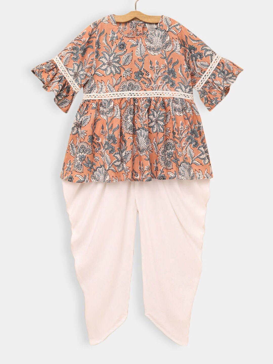 

Hopscotch Girls Peach-Coloured Floral Printed Pure Cotton Kurta with Dhoti Pant