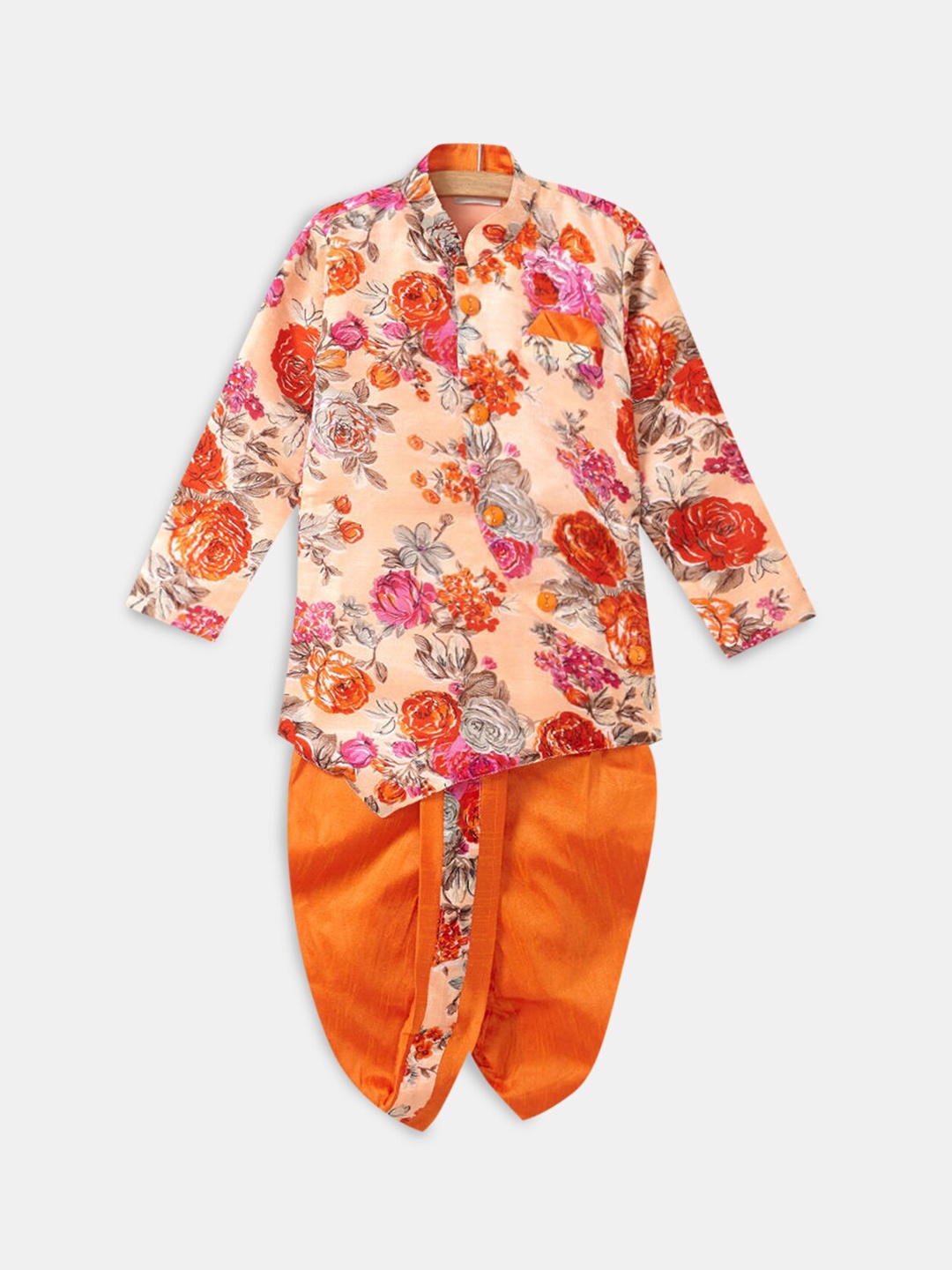 

Hopscotch Boys Orange Ethnic Motifs Printed Pure Silk Kurta with Dhoti Pants