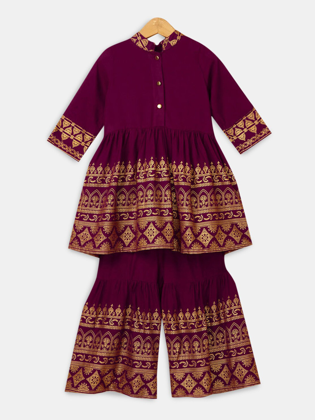 

Hopscotch Girls Burgundy Ethnic Motifs Printed Kurta with Sharara