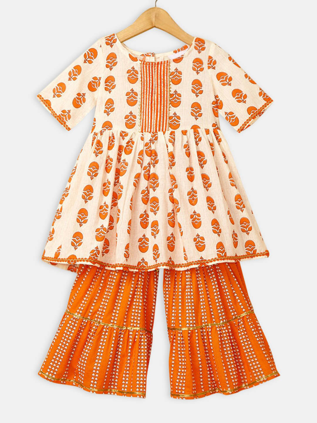

Hopscotch Girls Orange Ethnic Motifs Printed Gotta Patti Pure Cotton Kurta with Sharara