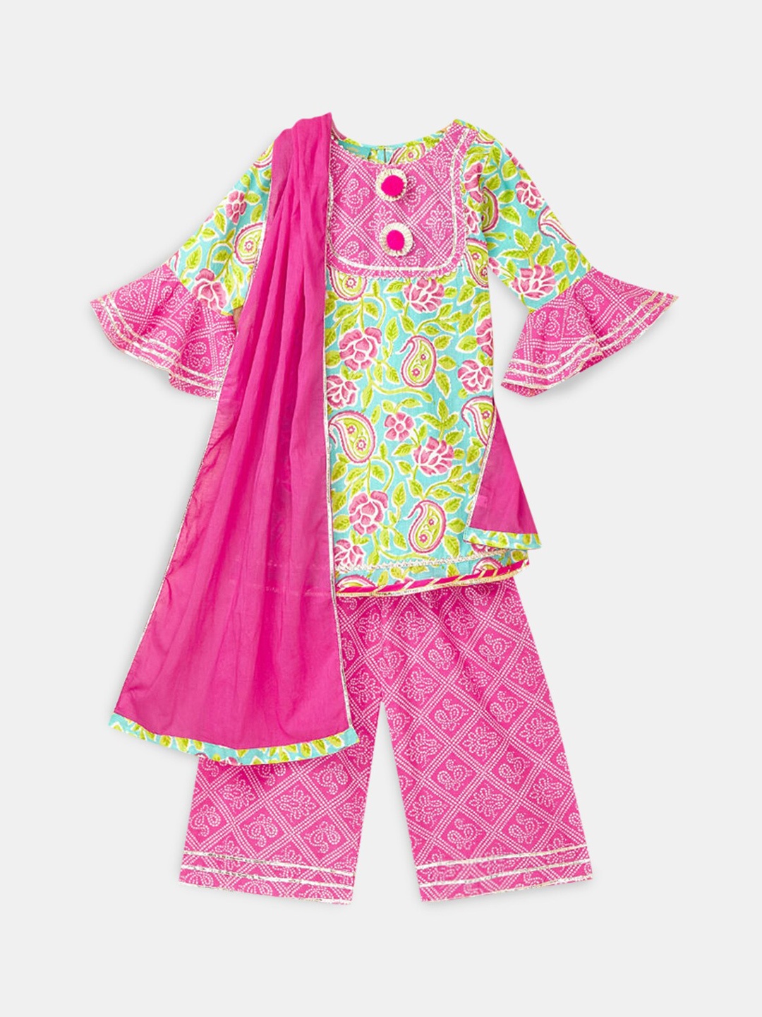 

Hopscotch Girls Blue Ethnic Motifs Printed Pure Cotton Kurti with Salwar & With Dupatta