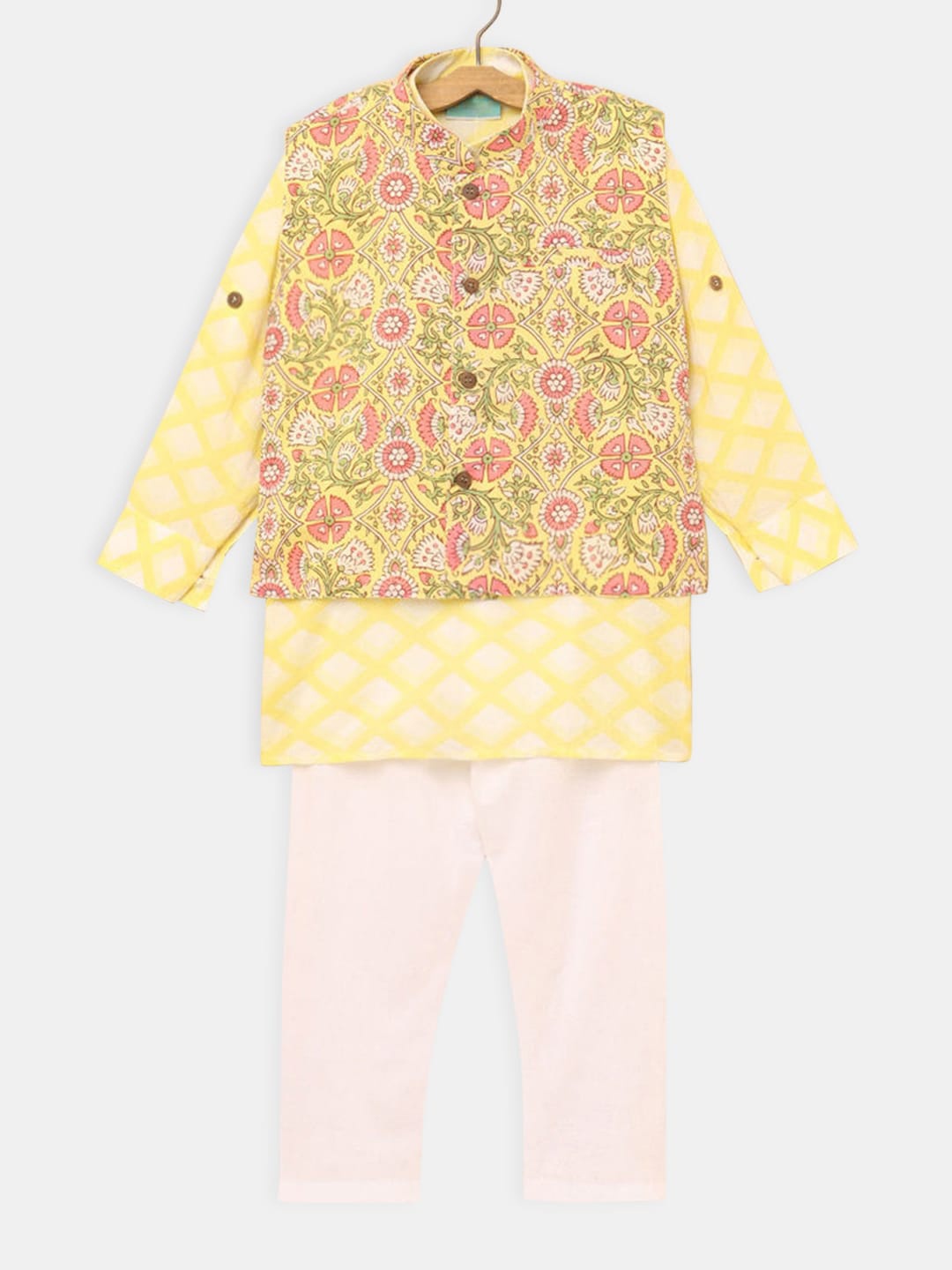 

Hopscotch Boys Yellow Printed Pure Cotton Kurta with Pyjamas And Nehru Jackect
