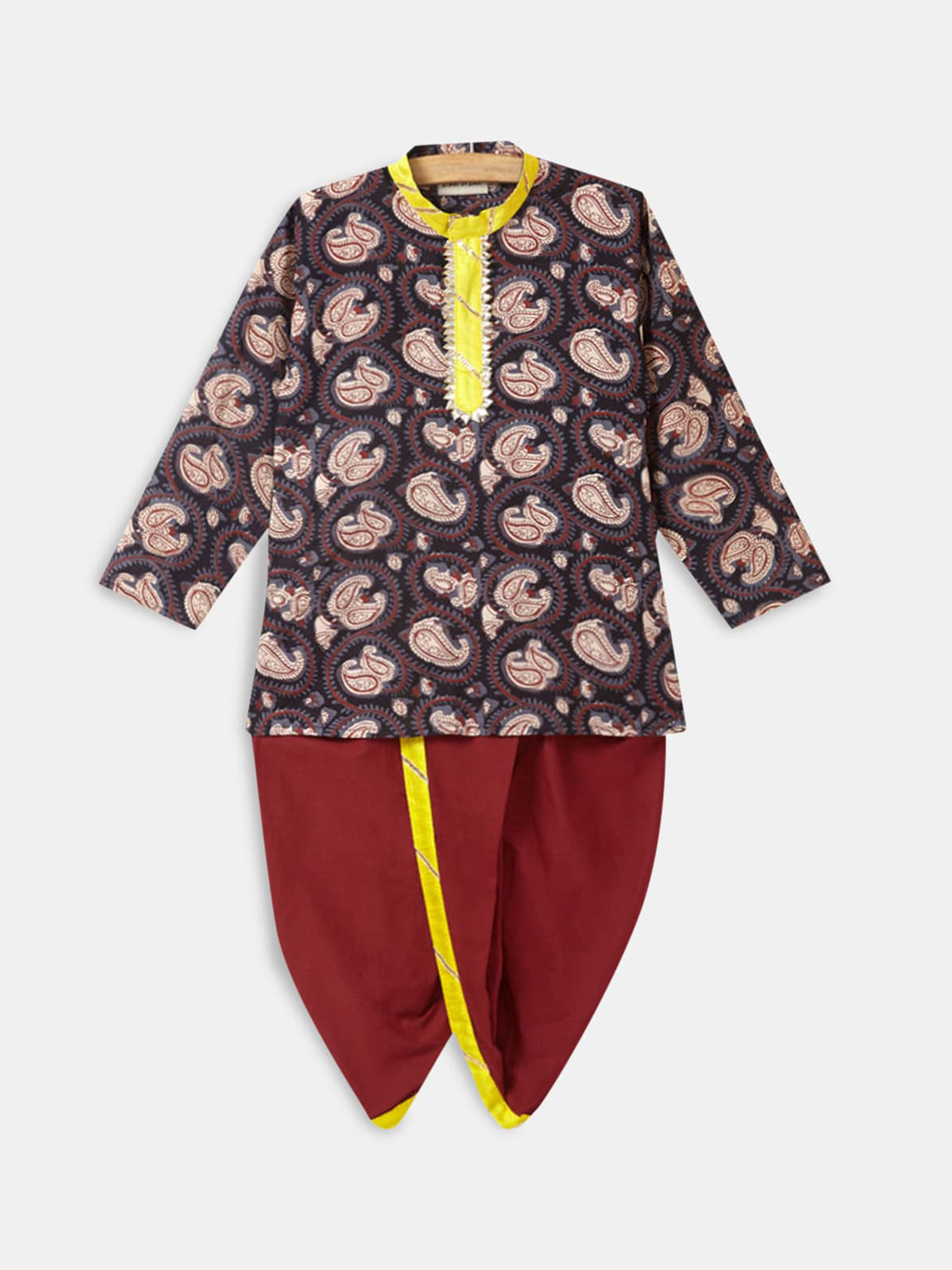 

Hopscotch Boys Brown Paisley Printed Pure Cotton Kurta with Dhoti Pants
