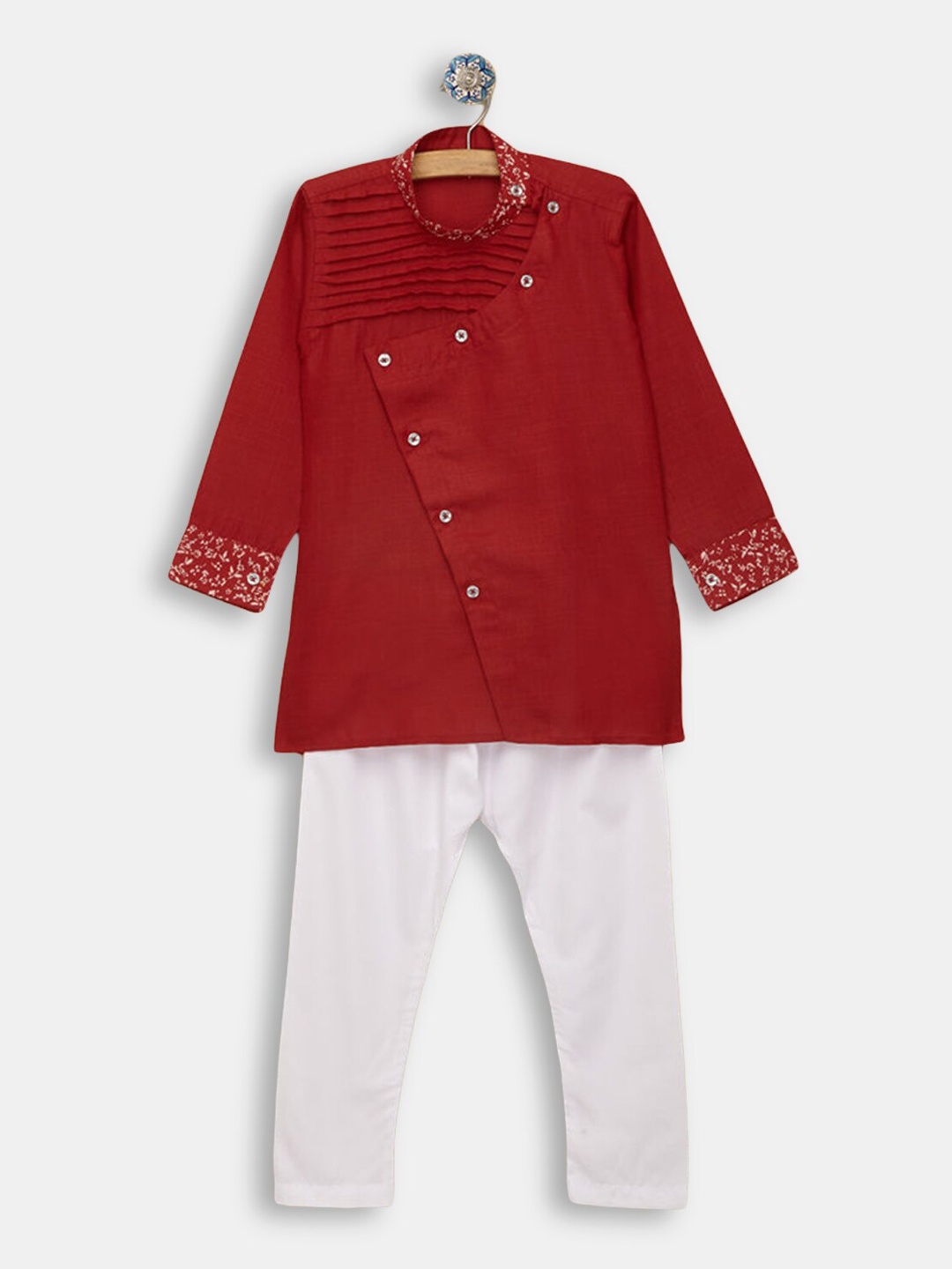 

Hopscotch Kids Boys Red And White Pleated Pure Cotton Angrakha Kurta With Pyjama
