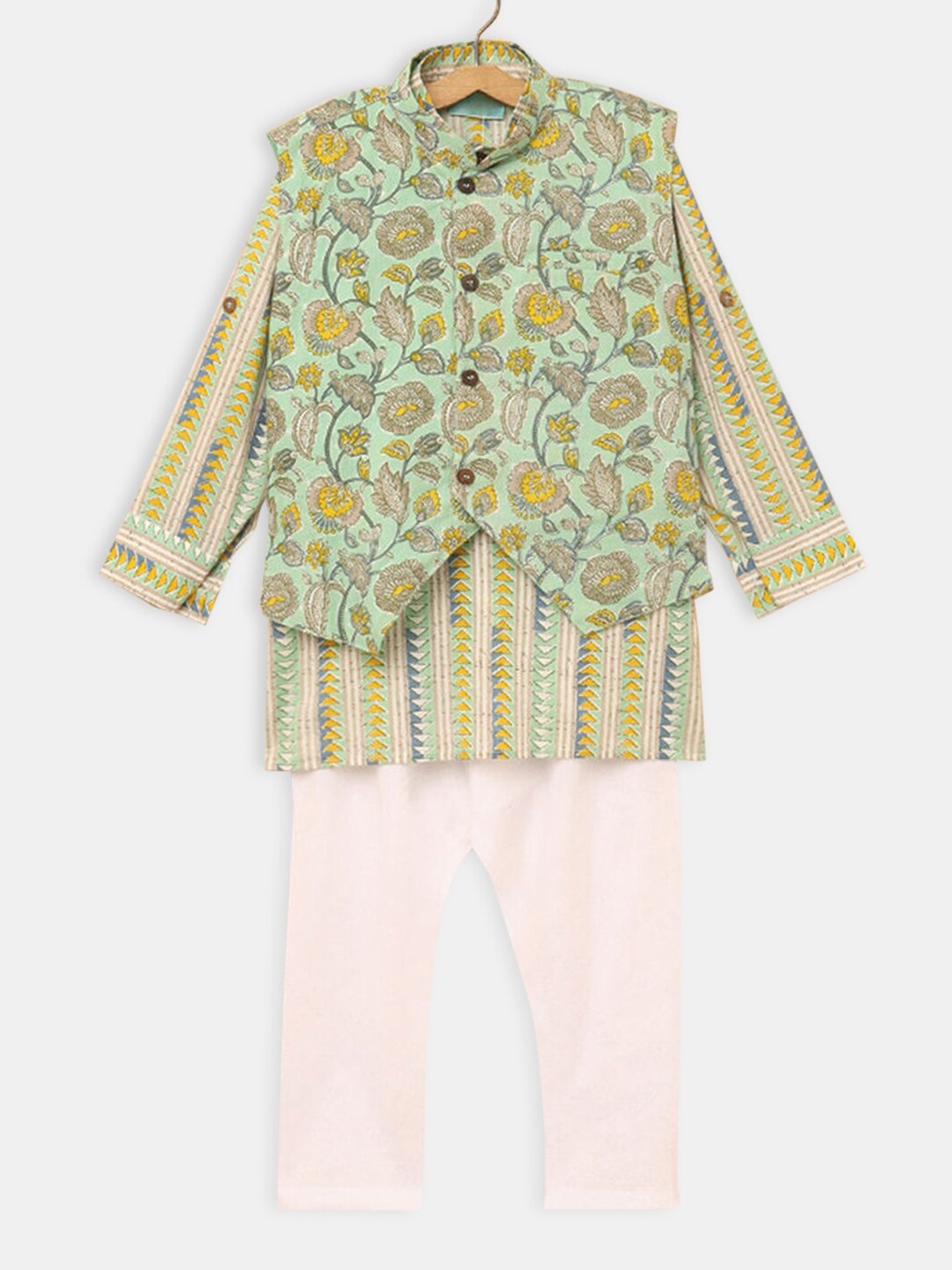 

Hopscotch Boys Green Printed Pure Cotton Kurta with Pyjamas & WIth Nehru Jacket