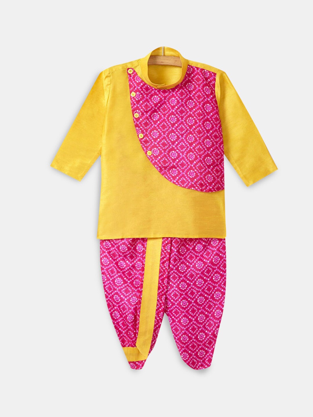 

Hopscotch Boys Pink Ethnic Motifs Printed Pure Silk Kurta with Dhoti Pant Set