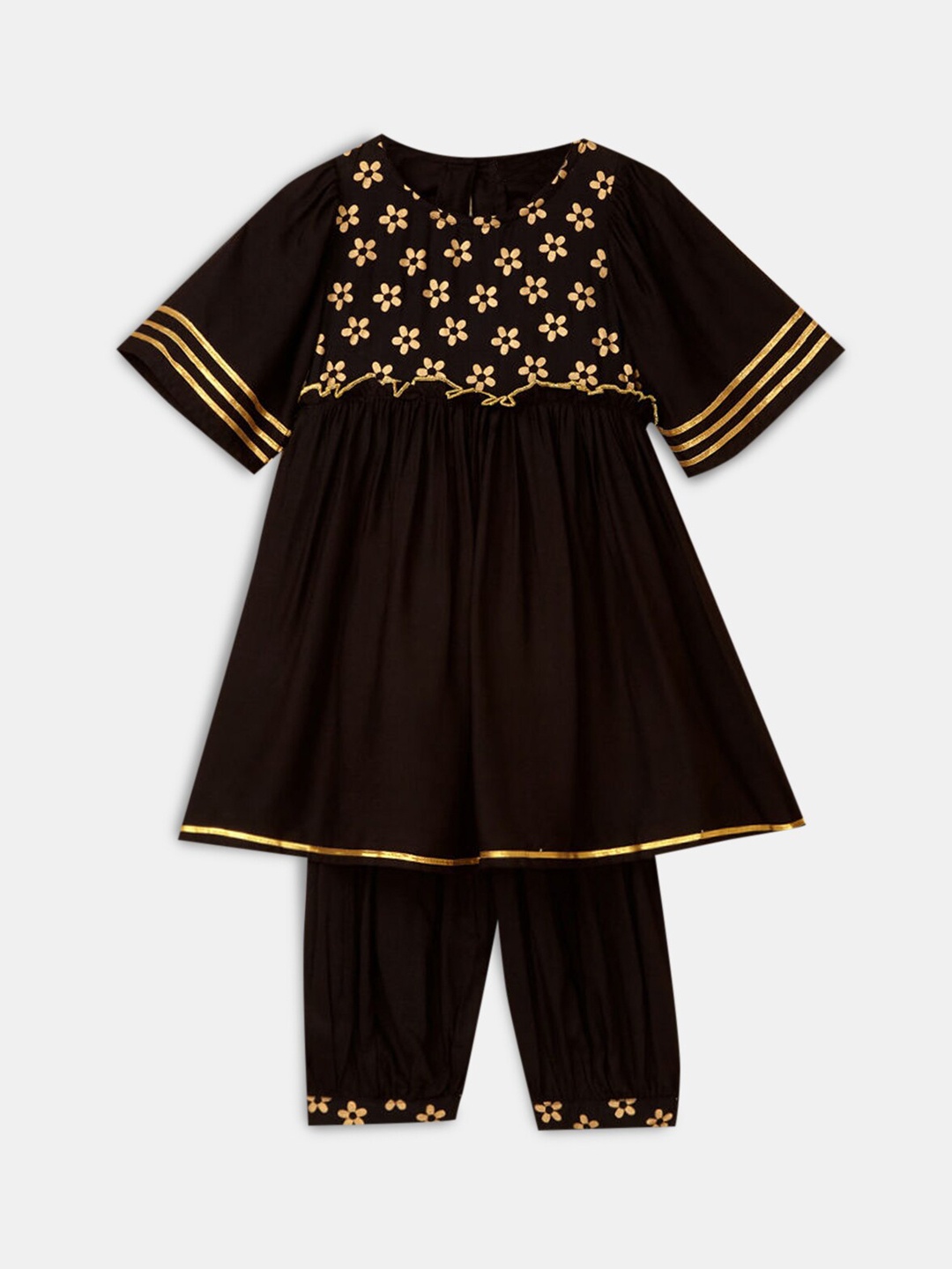 

Hopscotch Girls Black Floral Printed Pure Cotton Kurta with Trousers