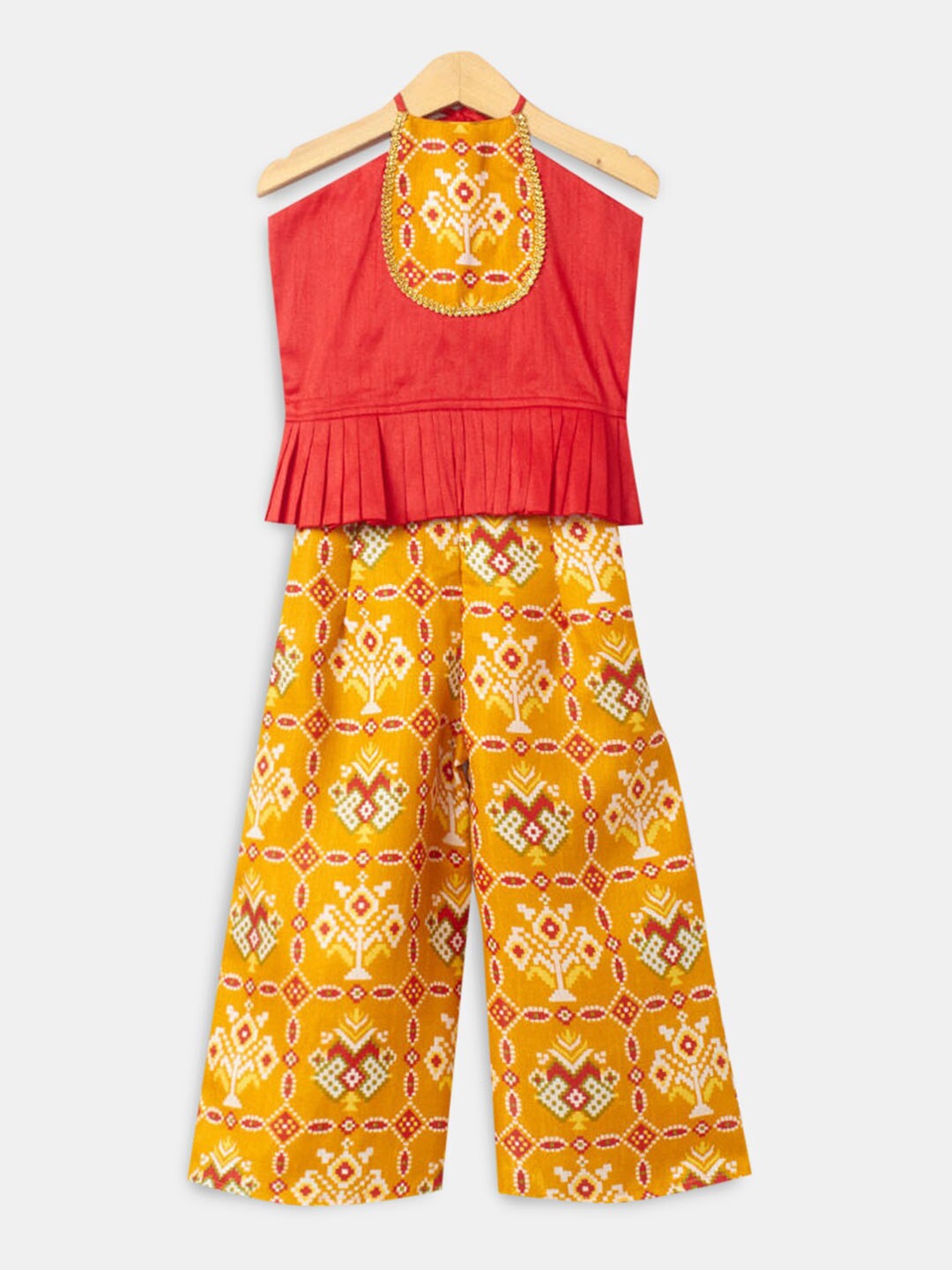 

Hopscotch Girls Yellow And Rust Ethnic Motifs Pleated Pure Cotton Top with Palazzos