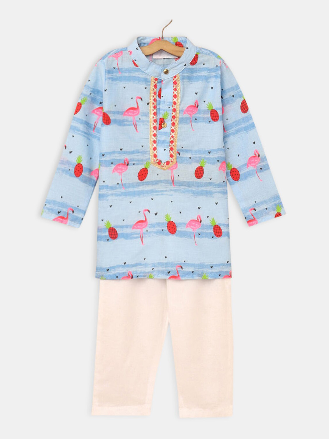 

Hopscotch Boys Blue Printed Pure Cotton Straight Kurta with Pyjamas