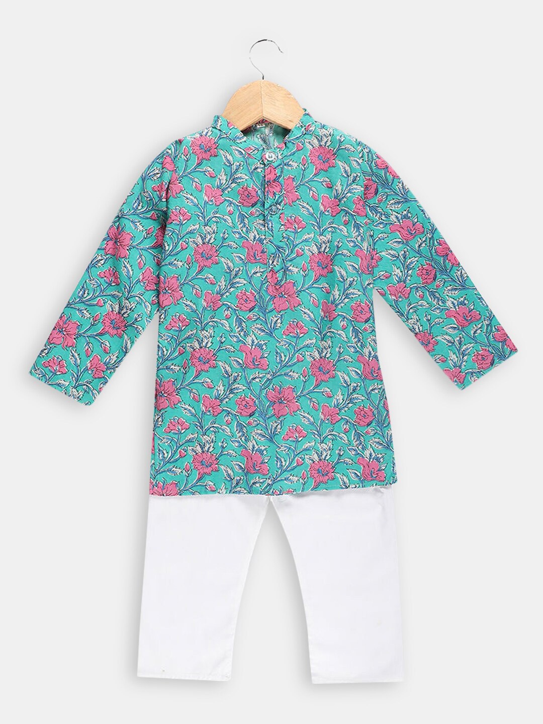 

Hopscotch Boys Blue Floral Printed Pure Cotton Kurta with Pyjamas