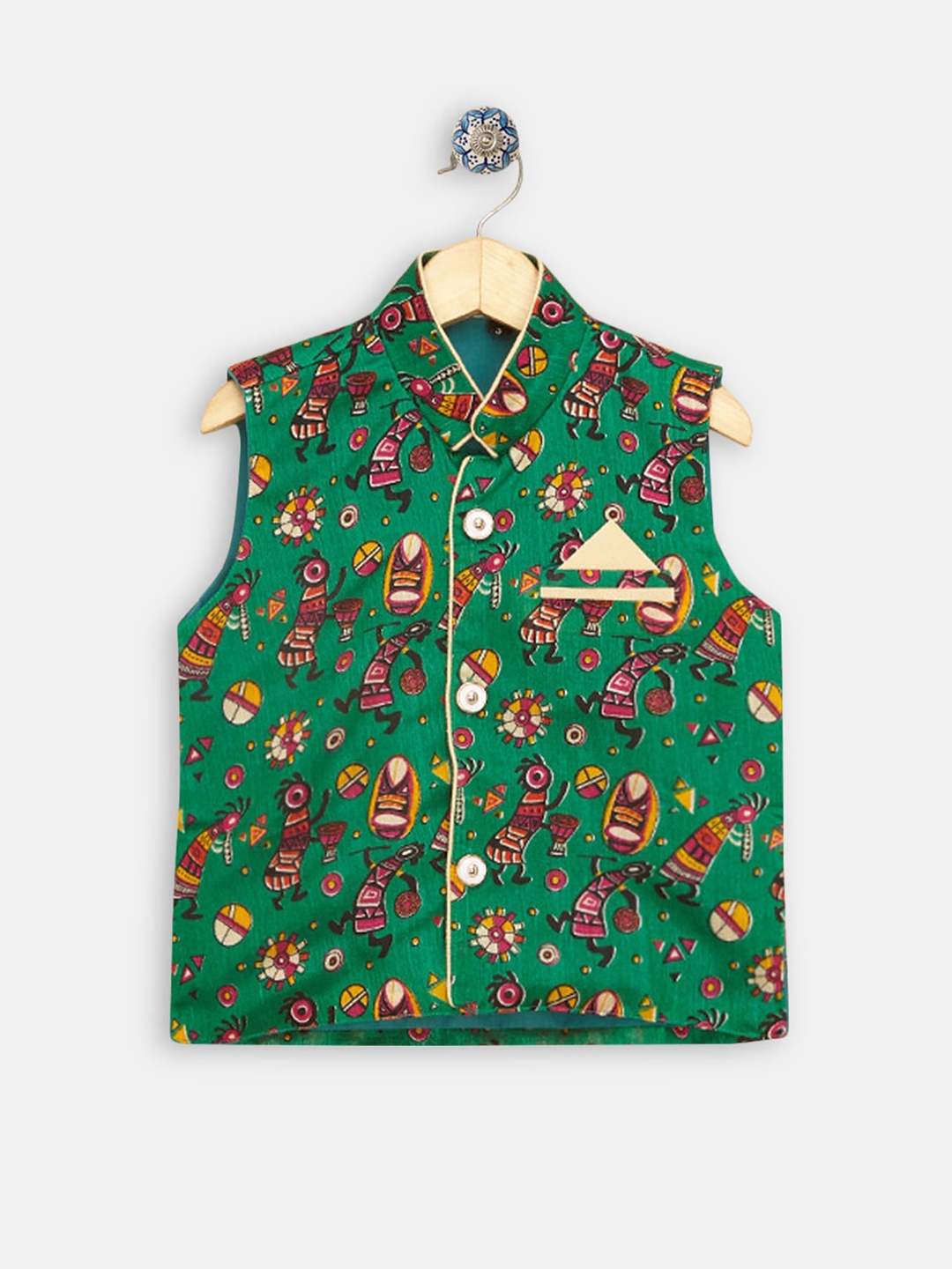 

Hopscotch Green Printed Nehru Ethnic Print Jacket