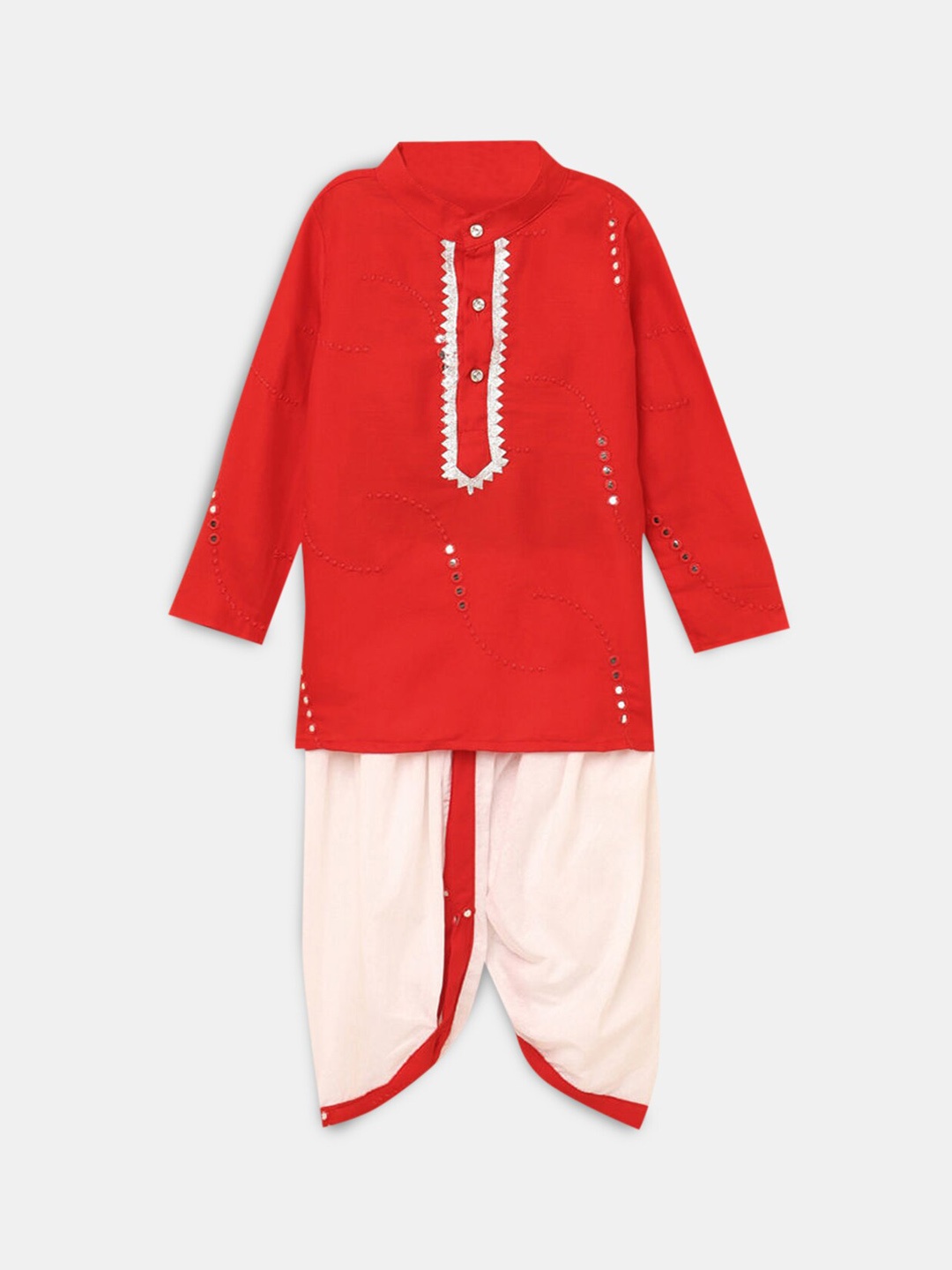 

Hopscotch Boys Red Embroidered Mirror Work Kurta with Dhoti Pants