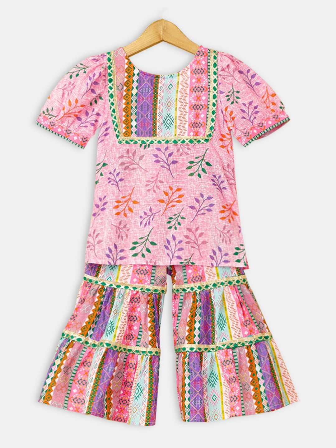 

Hopscotch Girls Pink Ethnic Motifs Printed Pure Cotton Kurta with Palazzos