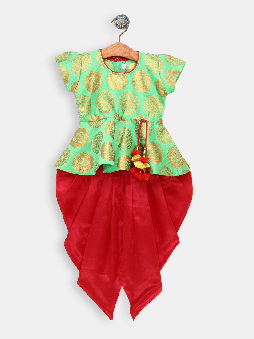 

Hopscotch Girls Green Ethnic Motifs Printed Kurta with Dhoti Pants