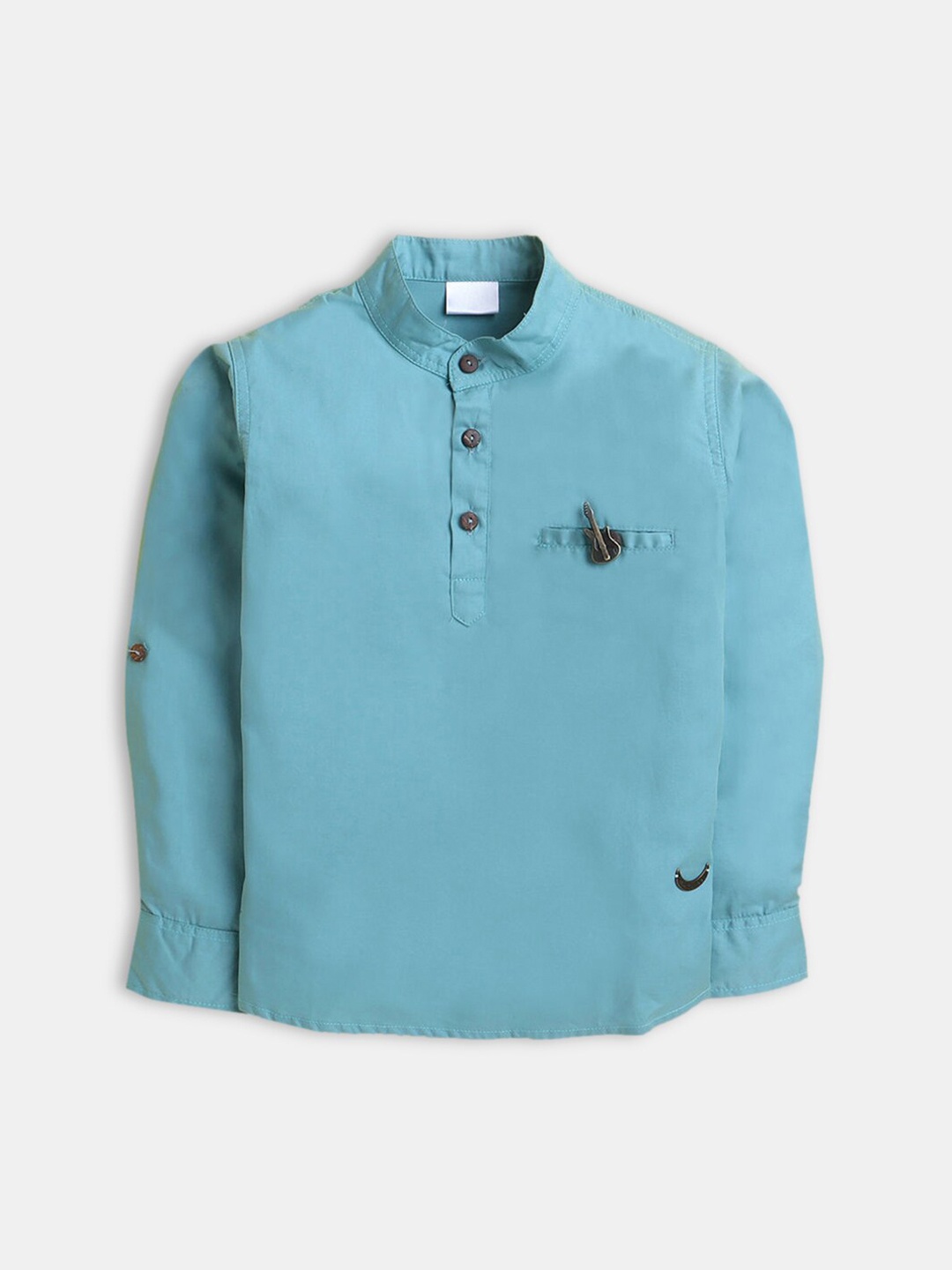 

Hopscotch Boys Blue Mandarin Collar With Brooch Cotton Casual Shirt