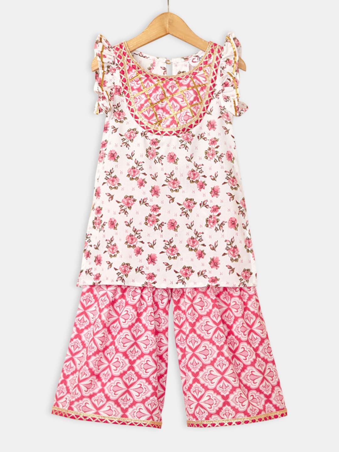 

Hopscotch Girls Red Floral Printed Pure Cotton Kurta with Palazzos