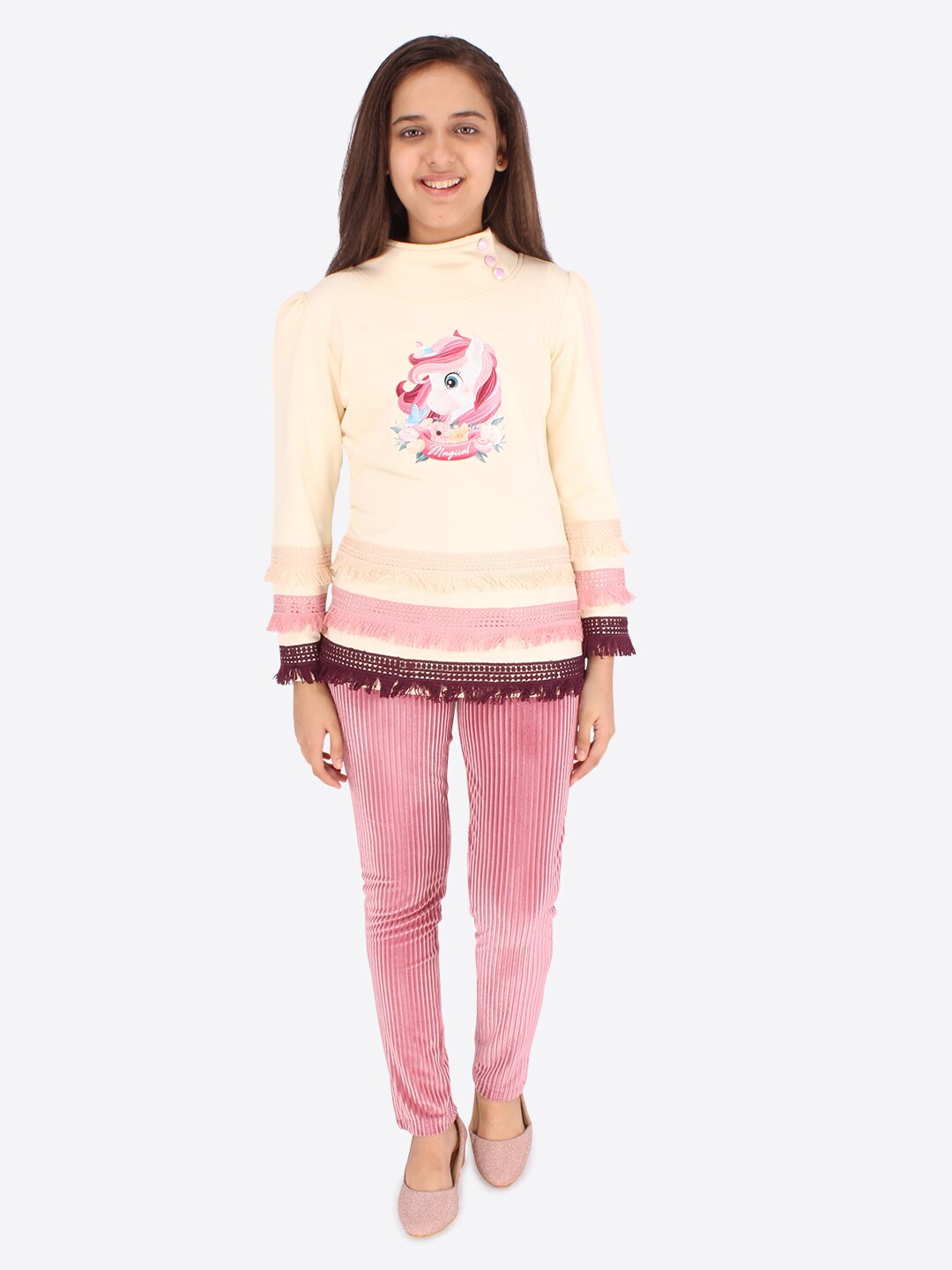 

CUTECUMBER Girls Cream-Coloured & Pink Embellished Top with Trousers Set