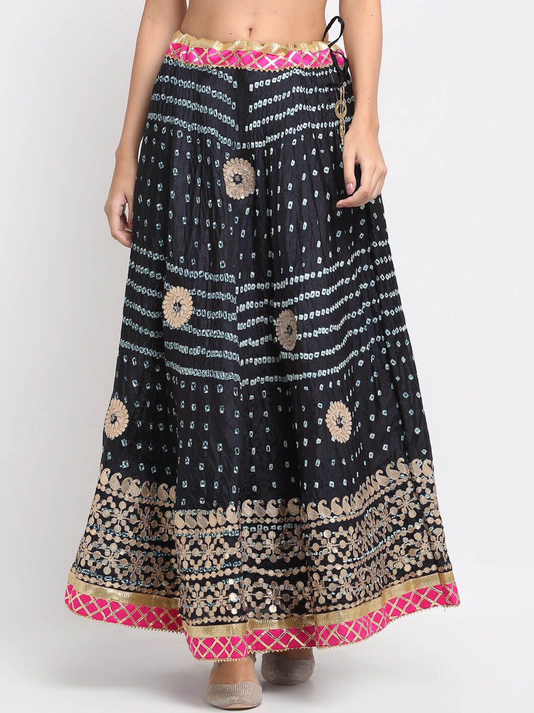 

SOUNDARYA Women Gold-Coloured & Black Printed Flared Maxi Skirt