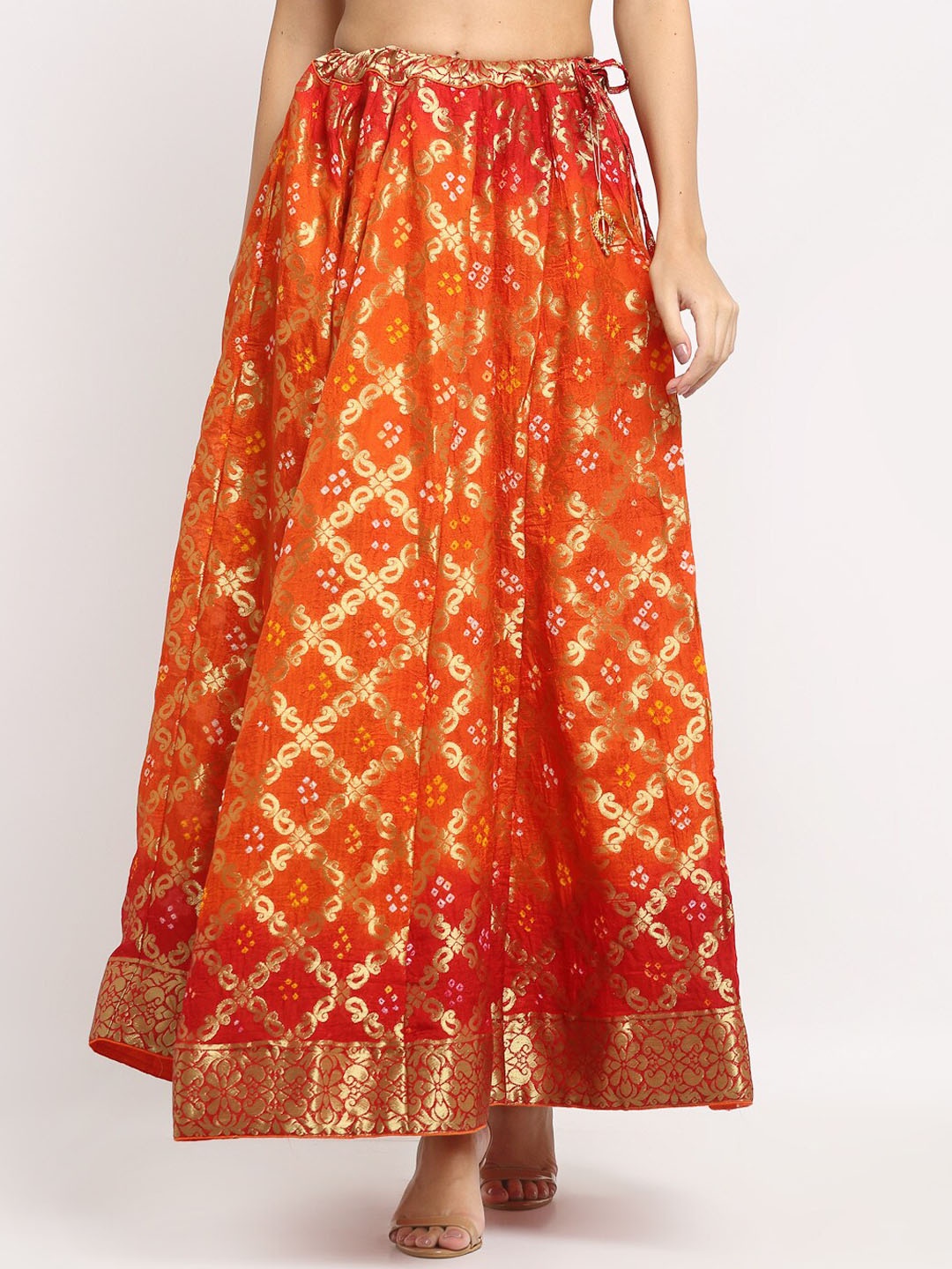 

SOUNDARYA Women Orange Printed Banarasi Silk Zari Design Bandhej Skirt