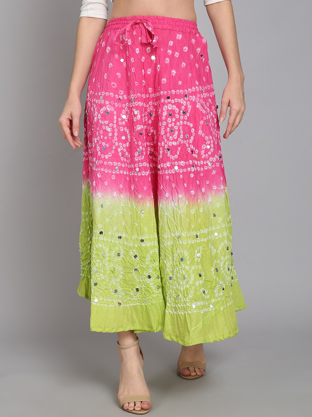 

SOUNDARYA Women Pink Tie & Dye Bandhani Printed Flared Maxi Skirts