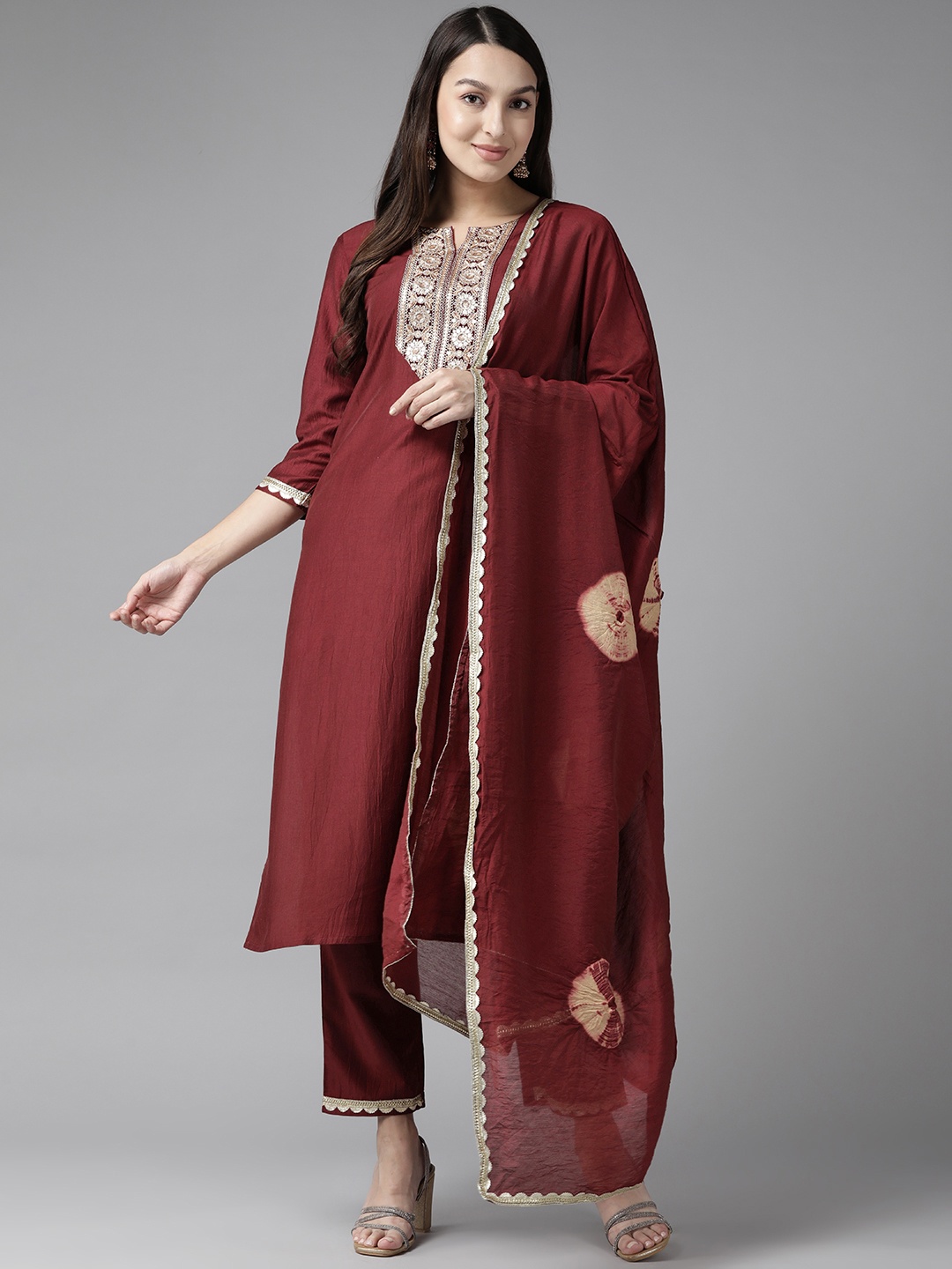 

Yufta Women Embroidered Sequinned Kurta with Trousers & Dupatta, Maroon