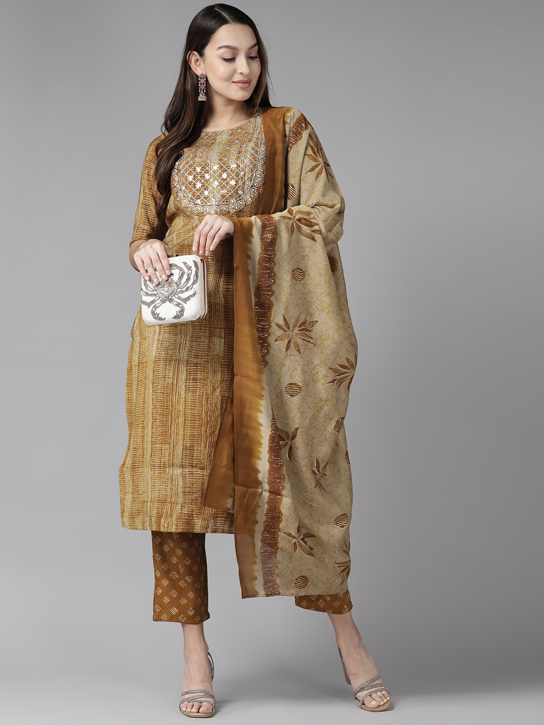 

Yufta Women Mustard Yellow Embroidered Sequinned Kurta with Trousers & Dupatta