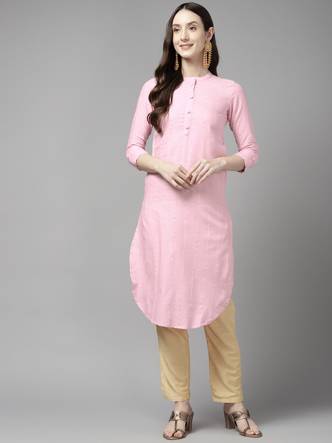 

Yufta Women Striped Sequinned Detail Kurta, Pink