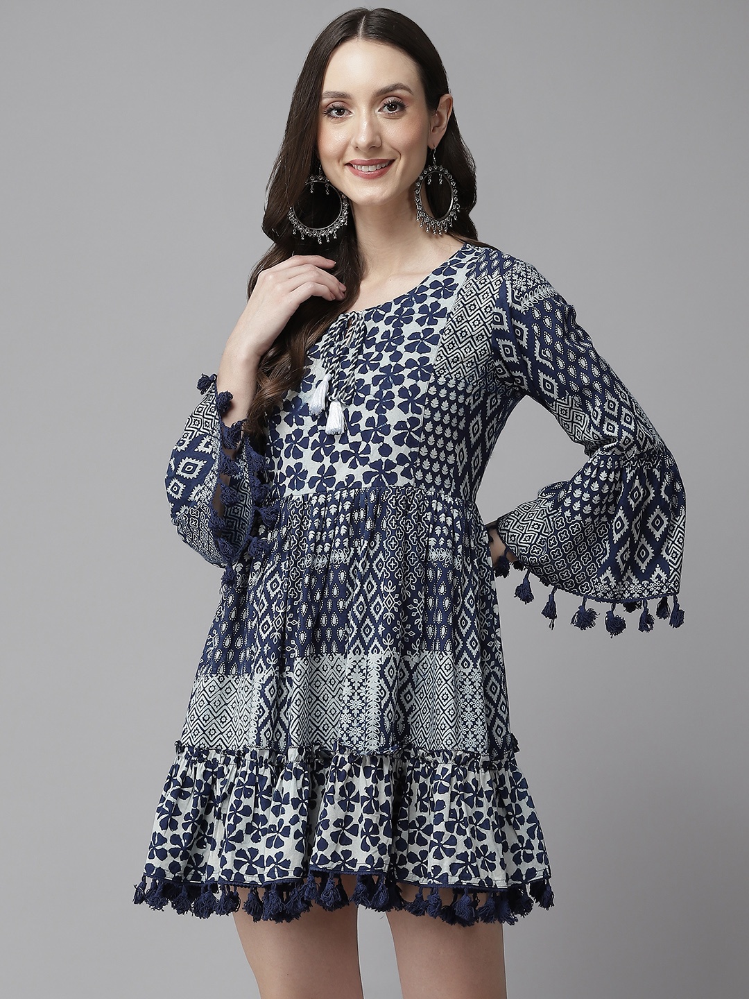 

Yufta Navy Blue & White Pure Cotton Ethnic Motifs Printed Tiered A-Line Dress