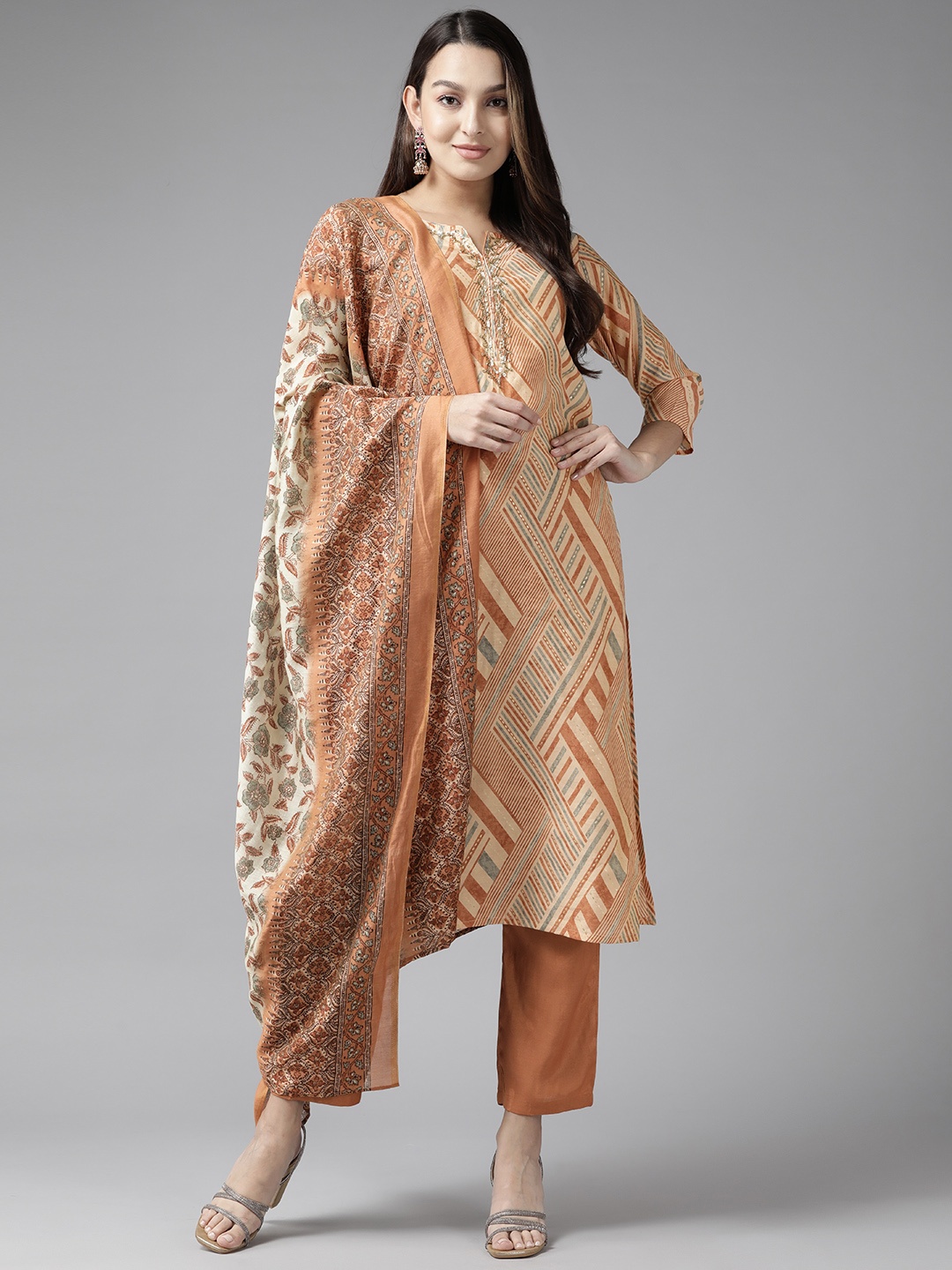 

Yufta Women Ethnic Motifs Embroidered Sequinned Kurta with Trousers & Dupatta, Beige