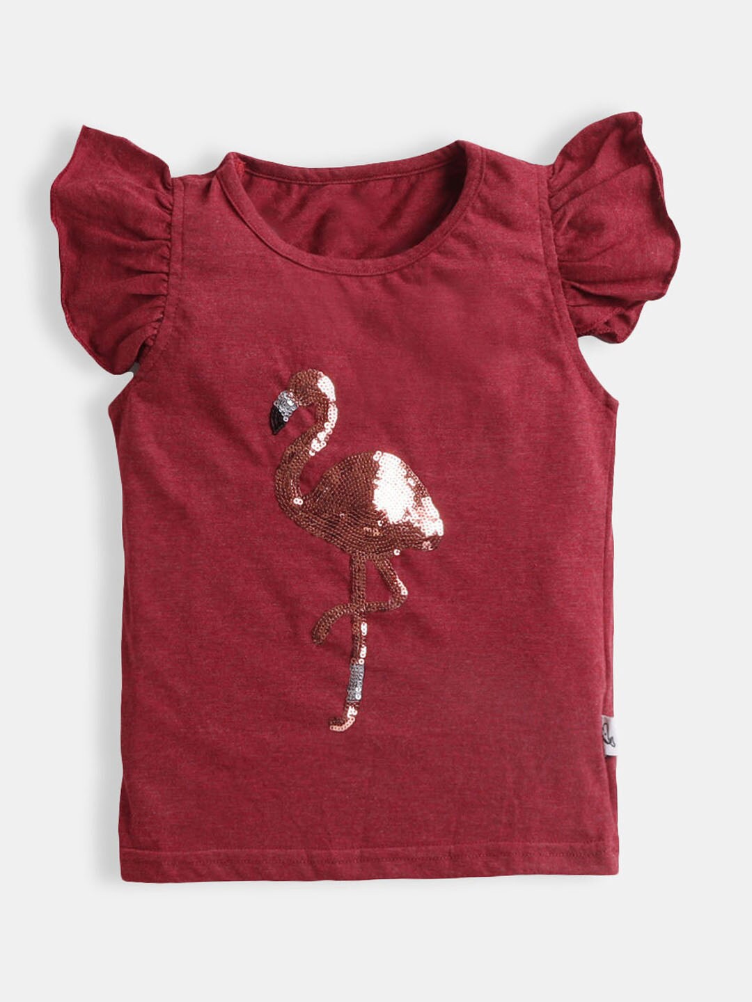 

Hopscotch Girls Maroon Flamingo Embellished Pure Cotton Flutter Sleeved T-shirt